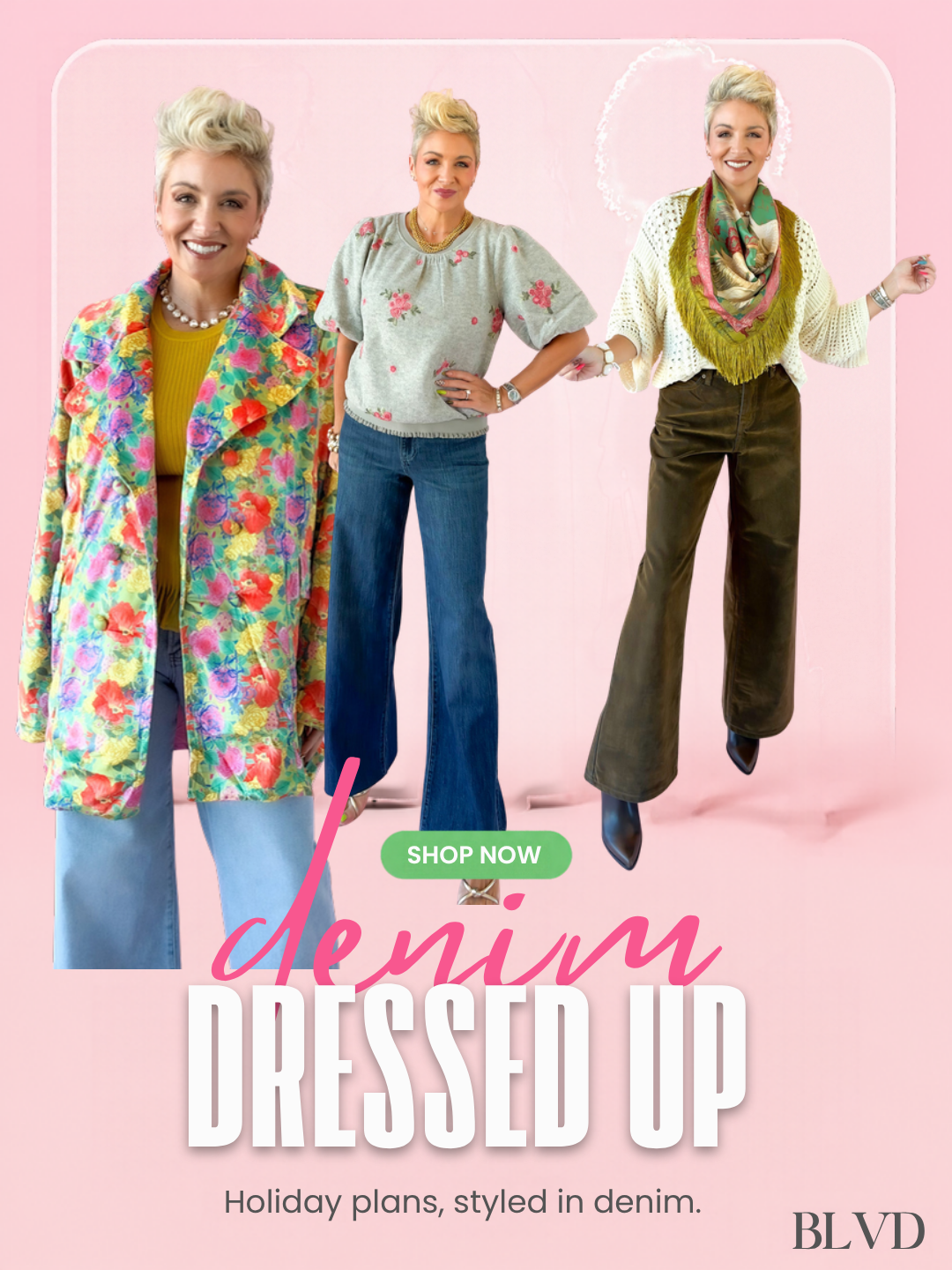 Denim Dressed Up holiday outfit blog cover from The BLVD Boutik featuring three styled denim looks
