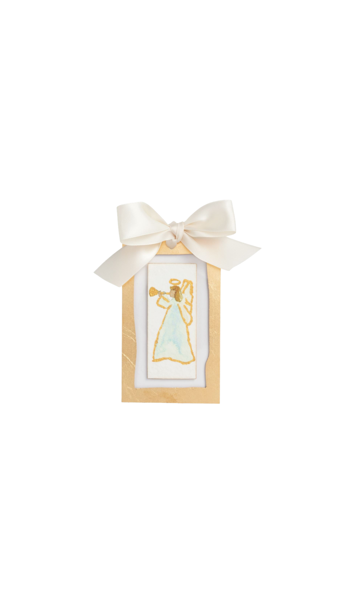 Sideways Angel Gold Ornament, full view on white