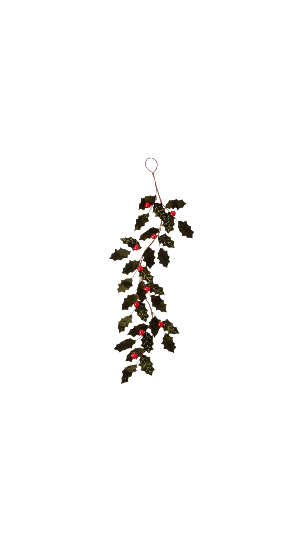 Velvet Holly Leaf Garland with Ball - Green/Red (47"), full view on white