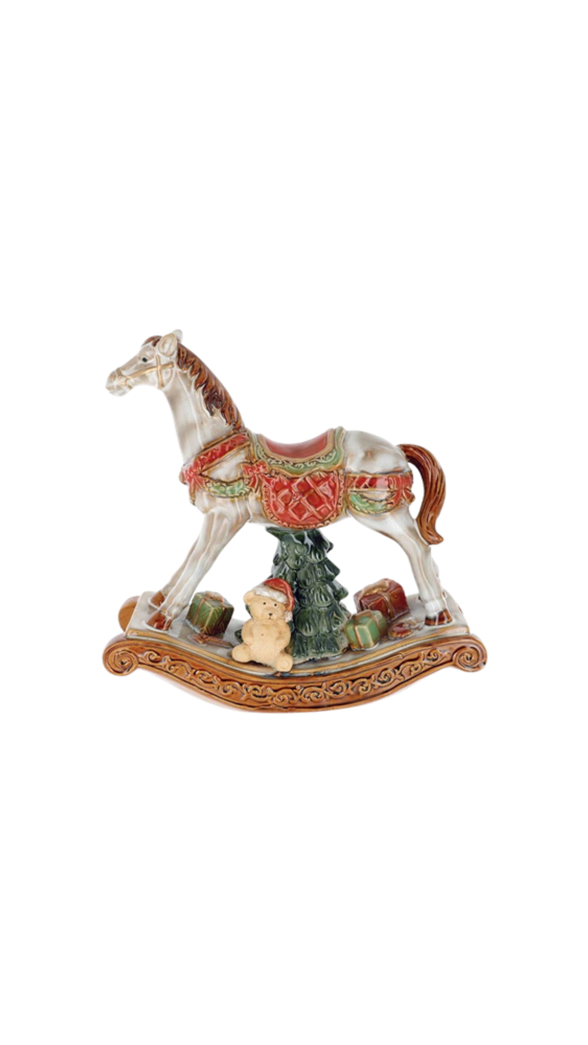 Porcelain Christmas Rocking Horse Figurine, full view on white