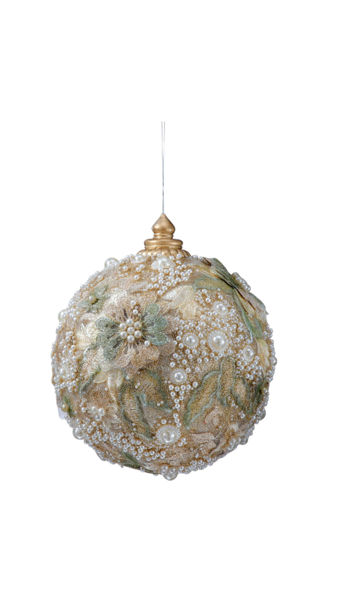 Embossed Pearl Glitter Ball Ornament - Platinum/Gold (5"), full view on white
