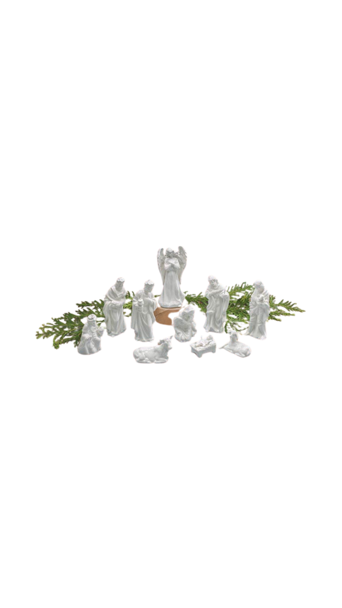 10-Piece White Porcelain Nativity Set, full view on white