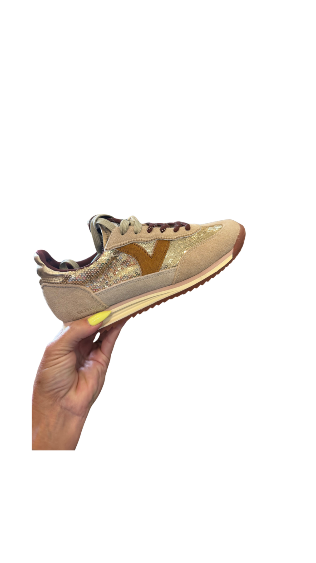 Saturno Suede & Sequin Sneaker/Beige, full view on white