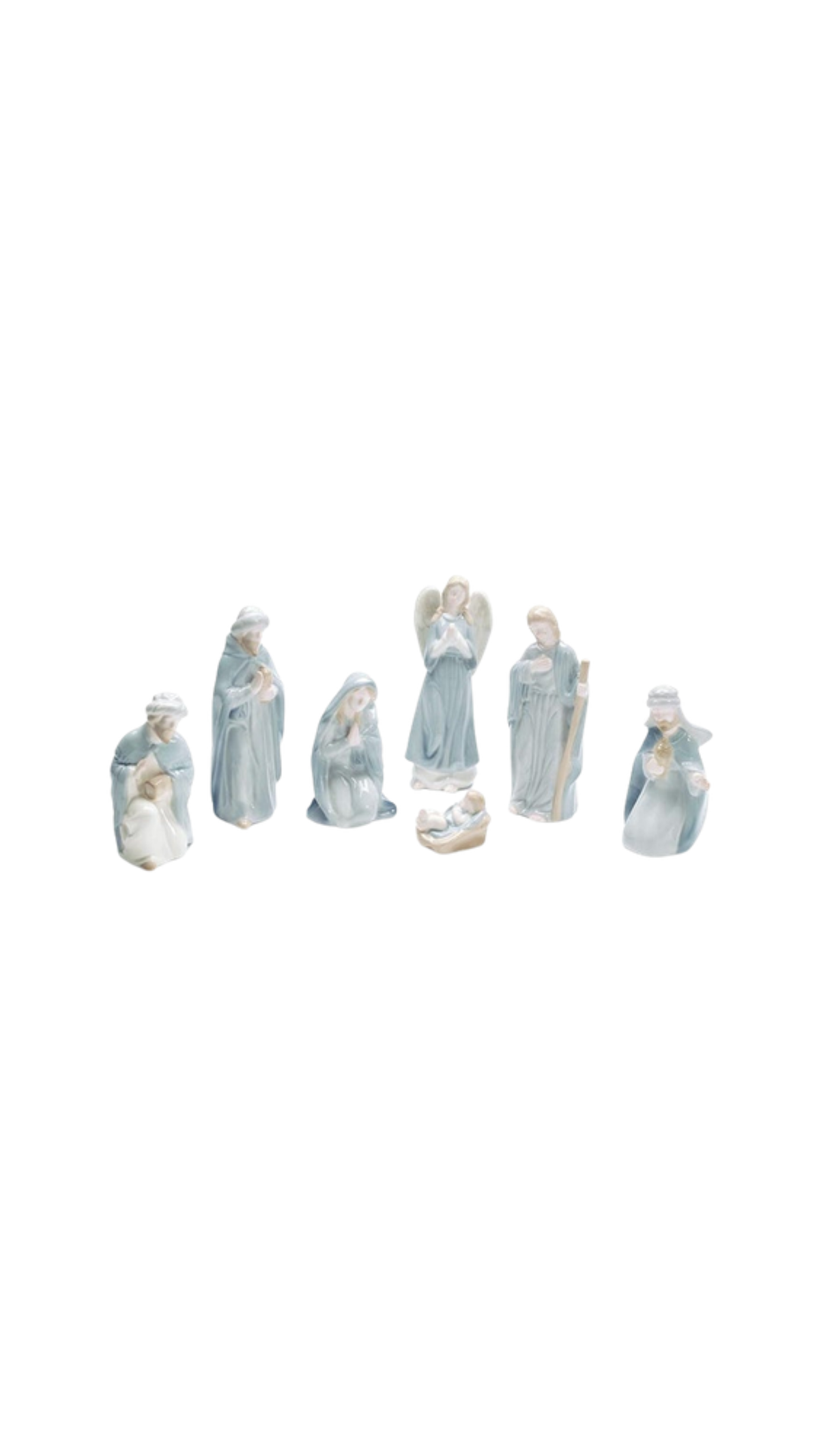 7-Piece Blue Ceramic Nativity Set, full view on white