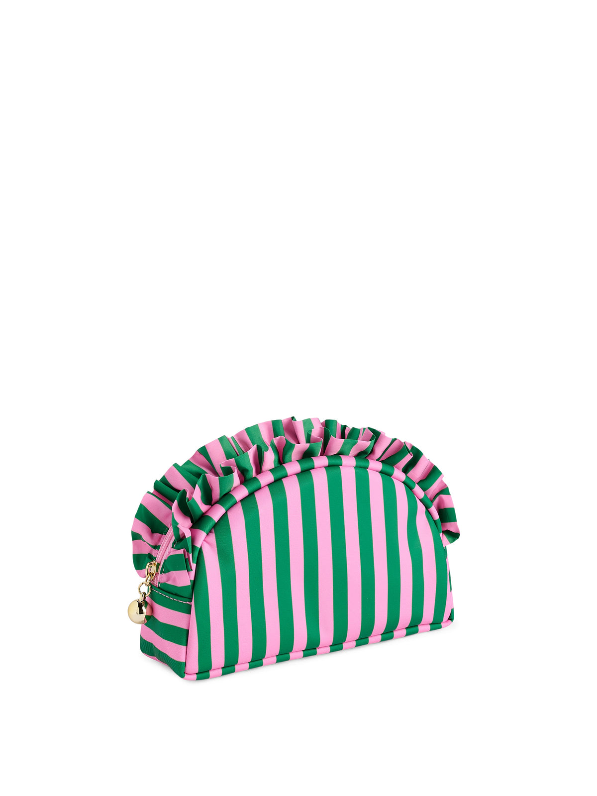 Shiraleah Stripe Ruffle Small Zip Pouch in green and pink stripes, polyester with ruffle trim and gold zipper, full front view