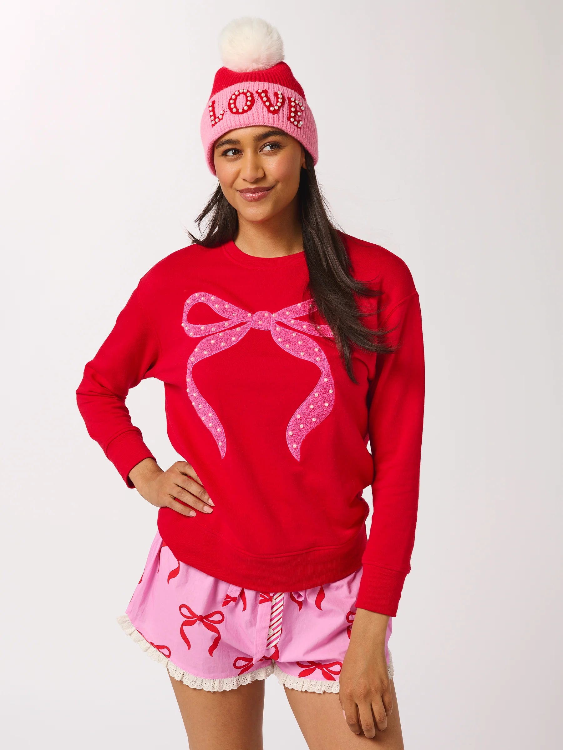 Pearl Bow Sweatshirt/Red