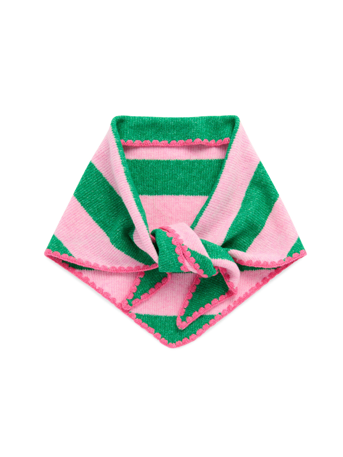 Shiraleah Joy Small Triangle Scarf in green and pink stripes, acrylic, polyester and wool knit, knotted flat lay, front view