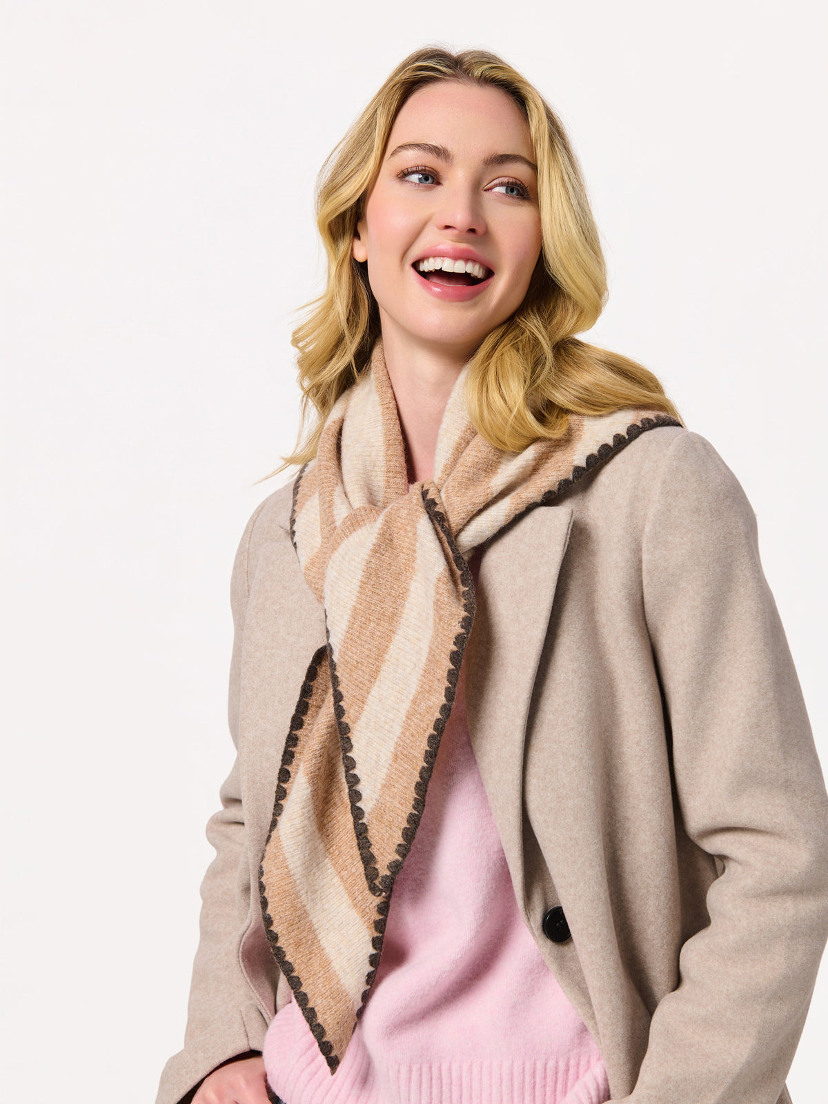 Shiraleah Joy Large Triangle Scarf in oatmeal and brown stripes, acrylic, polyester and wool knit, worn on model, front view