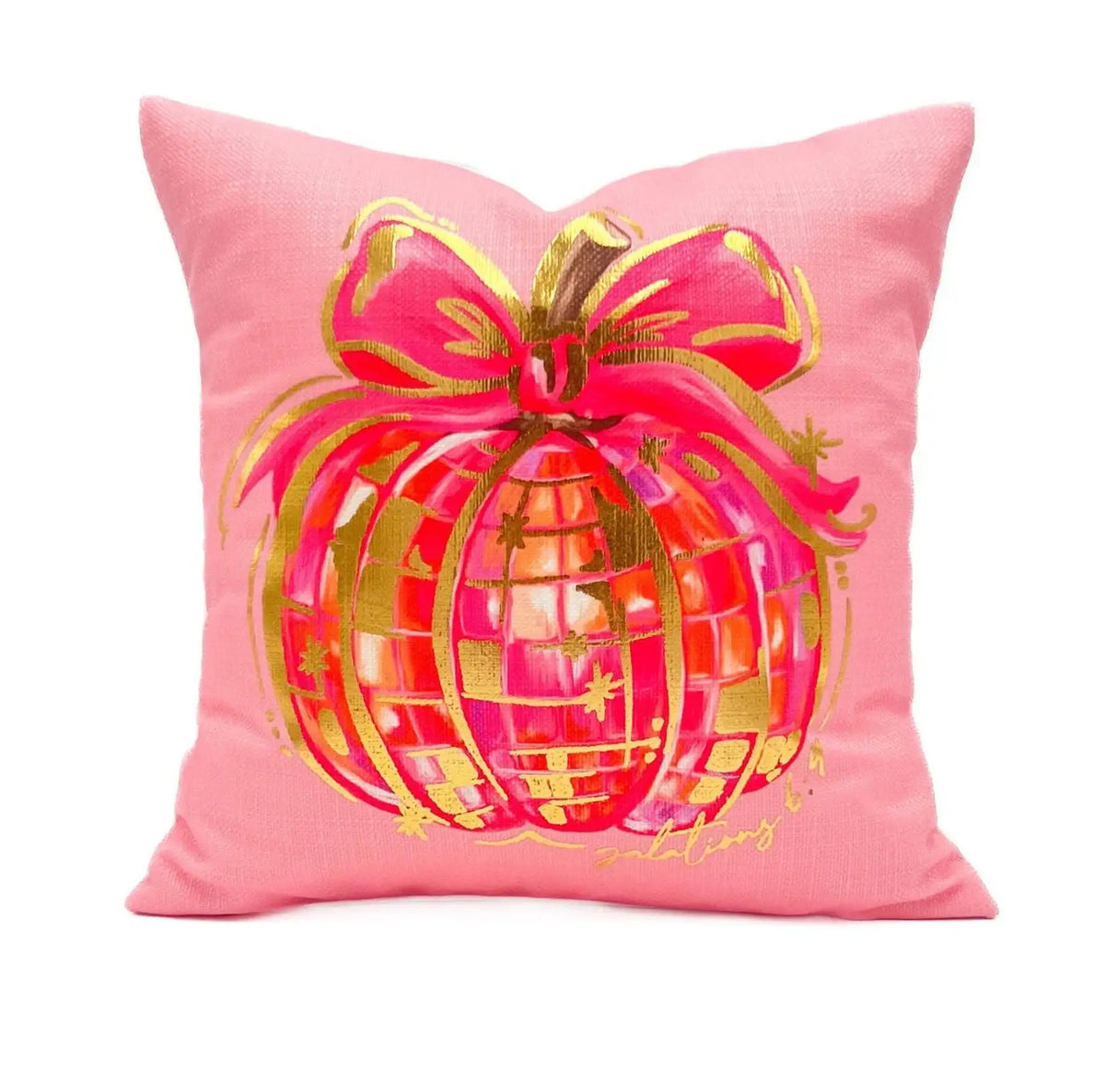 Pink disco pumpkin fall velvet throw pillow with real gold foil accents, front view