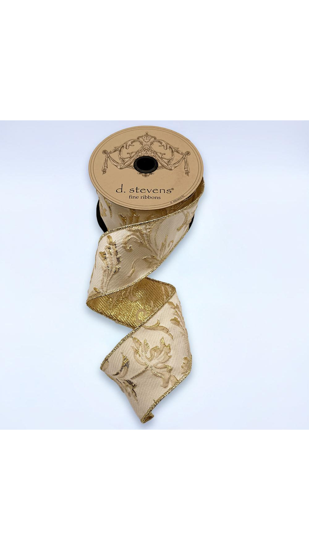 Ivory jacquard ribbon with metallic gold floral pattern, 2.5 inch, full view on white