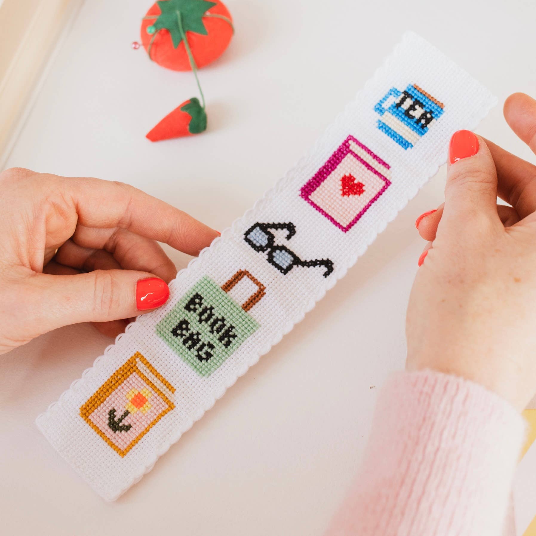 Bookish counted cross stitch bookmark kit product photo - detail view - BLVD Boutik