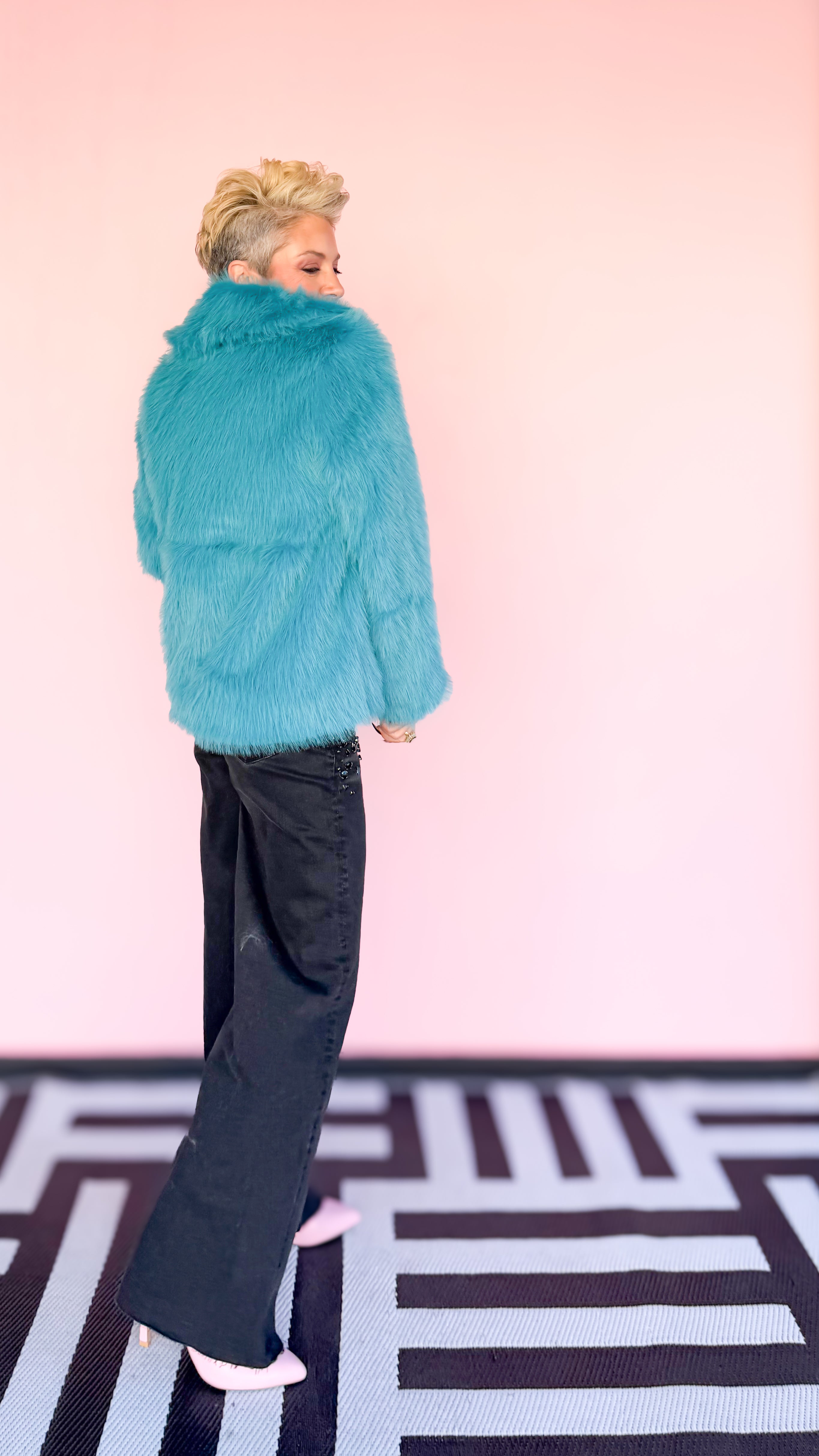 Faux Foxy Fur Short Coat/Turquoise