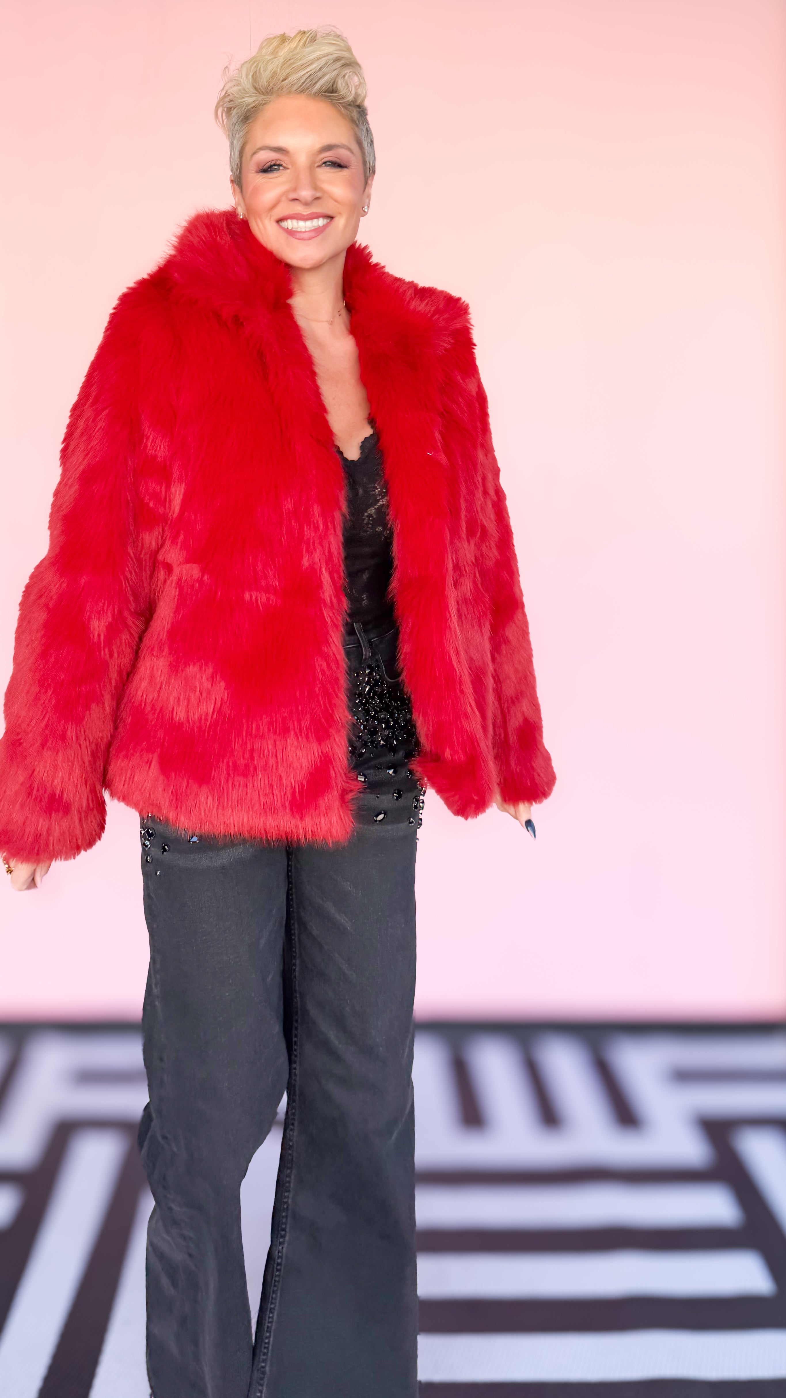 Faux Foxy Fur Short Coat/Red