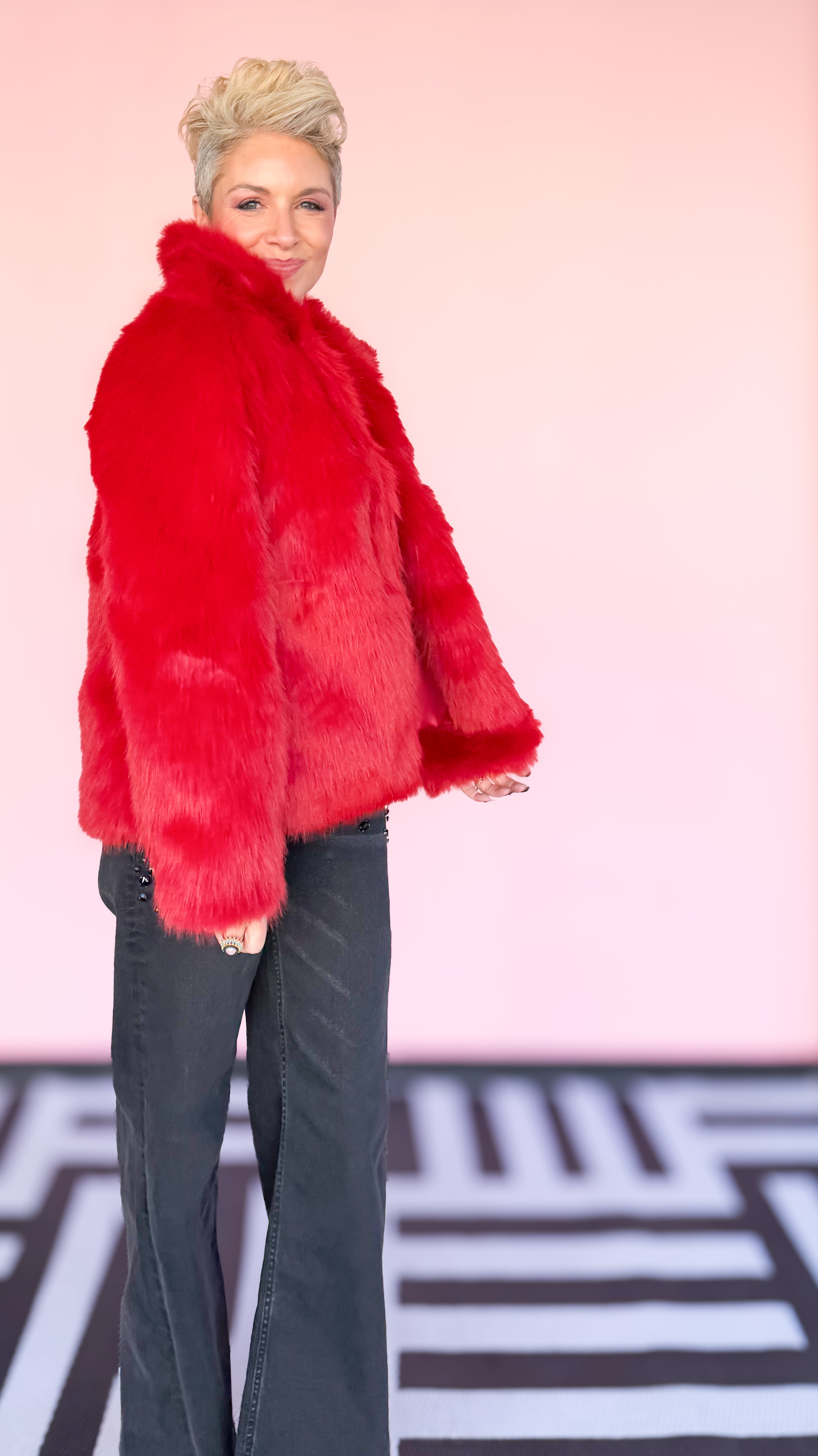 Faux Foxy Fur Short Coat/Red