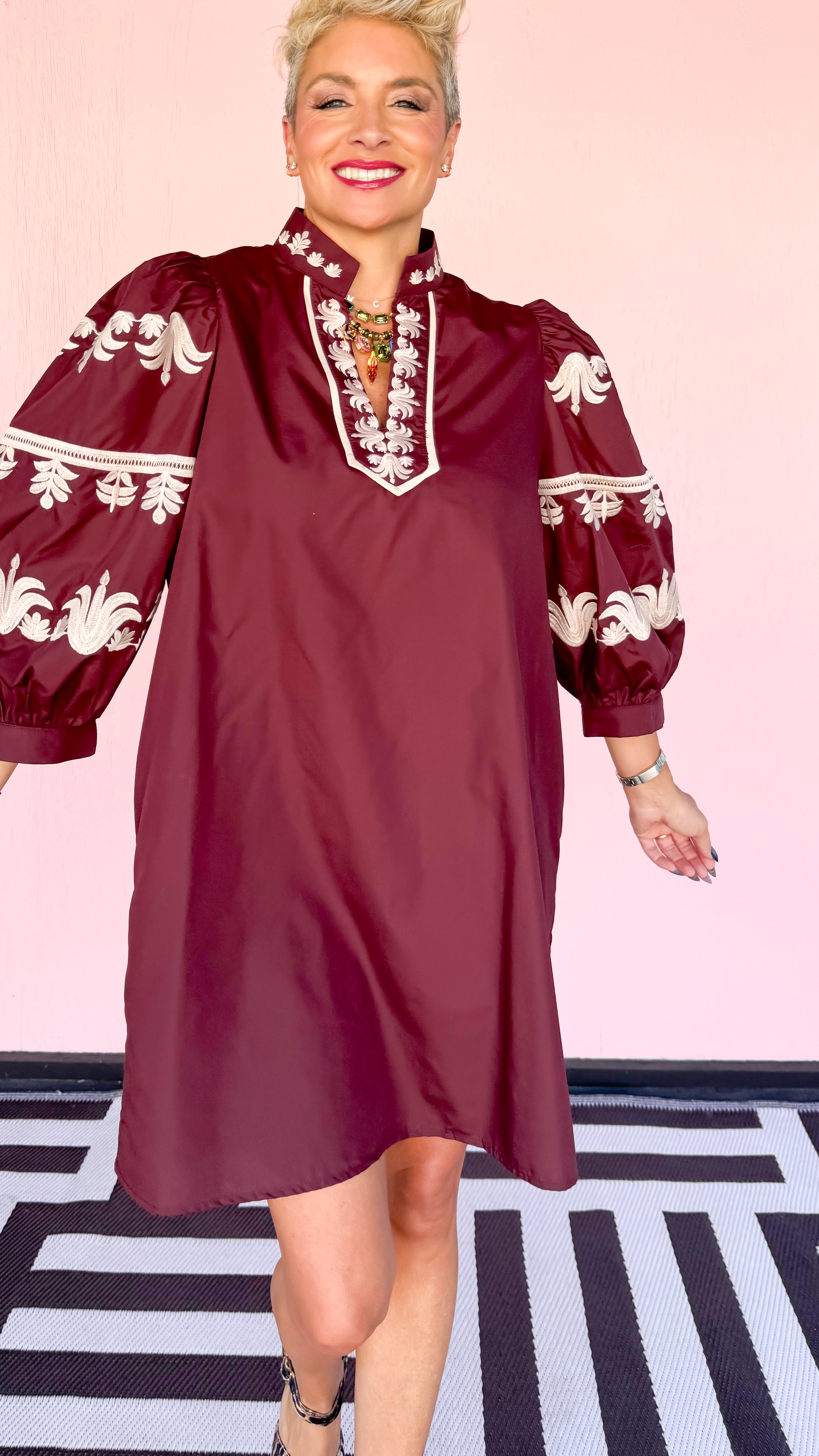 Embroidered 3/4 Sleeve Dress/Merlot - The BLVD