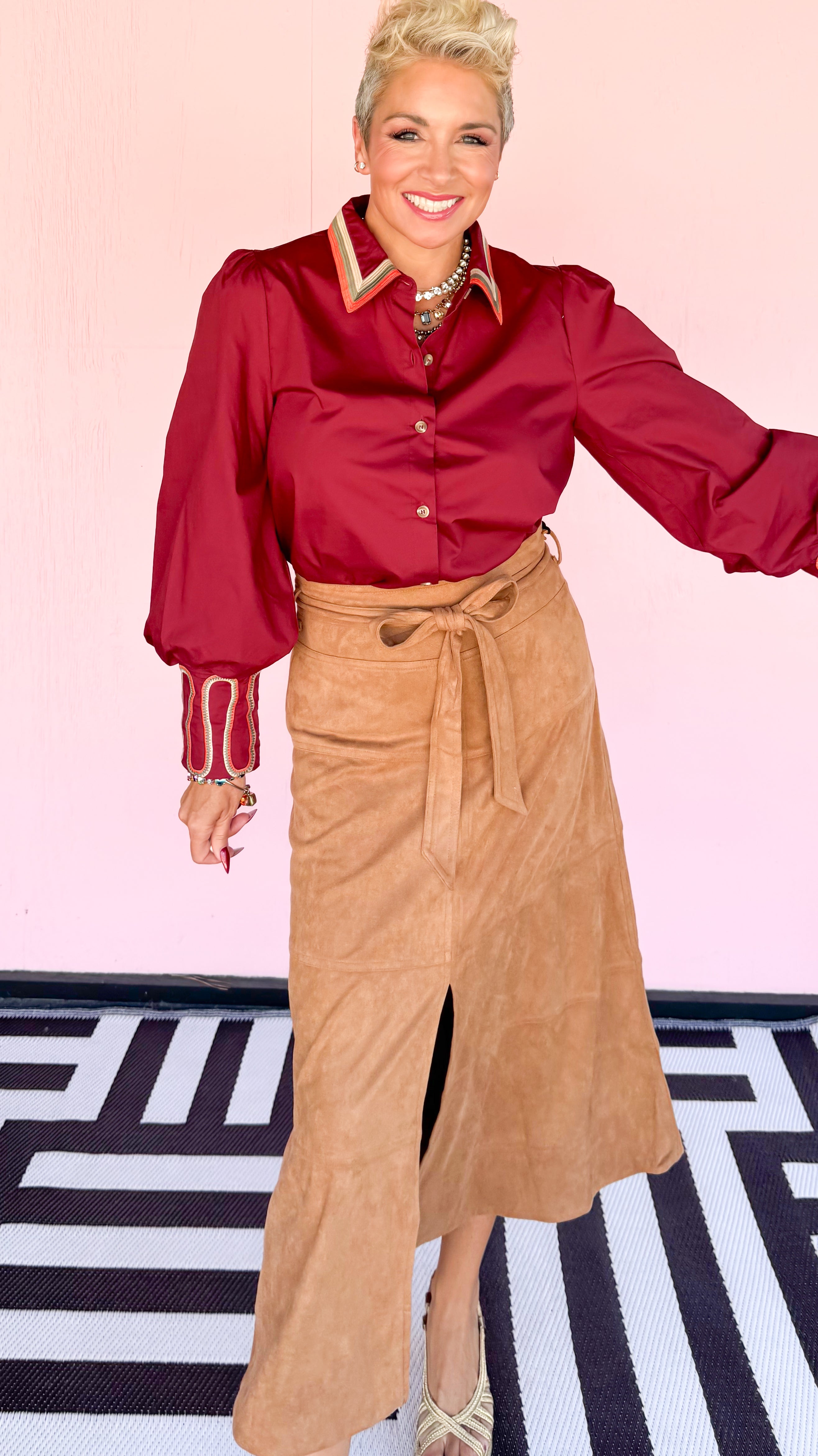 Embroidered Collar & Cuff Blouse/Burgundy