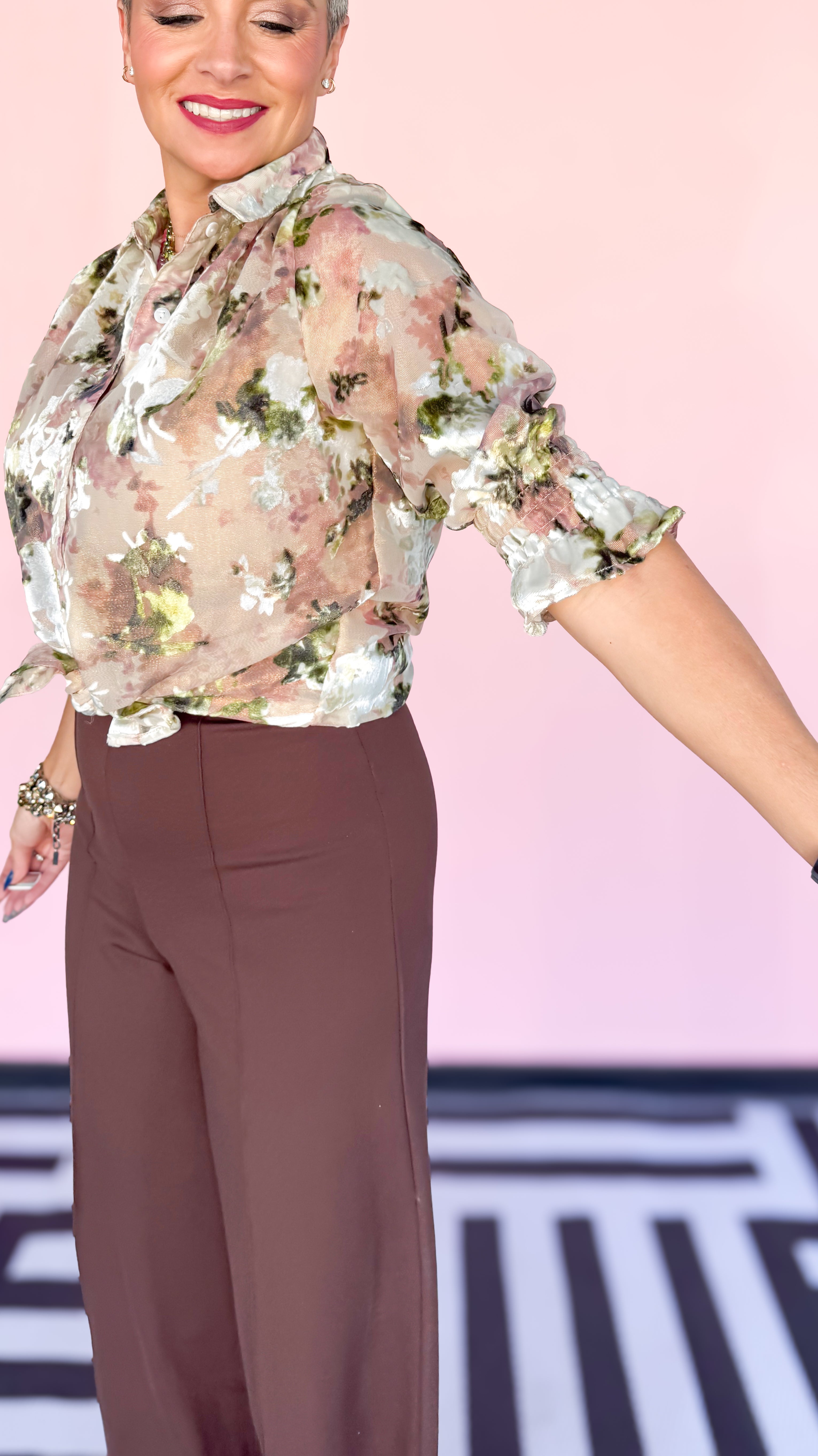 Velvet Burnout Floral Blouse/Cream