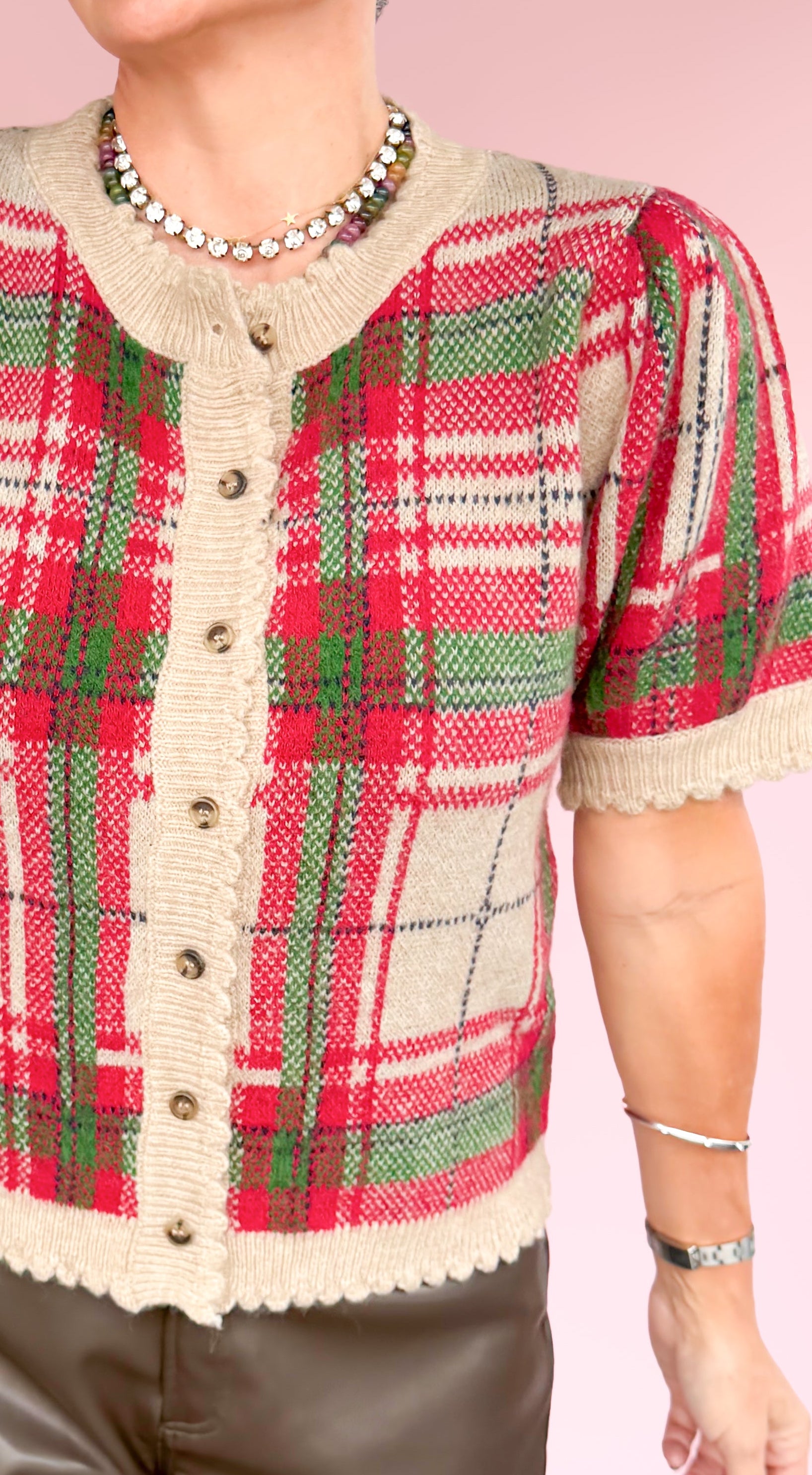 Patty Short Sleeve Plaid Cardigan/Taupe