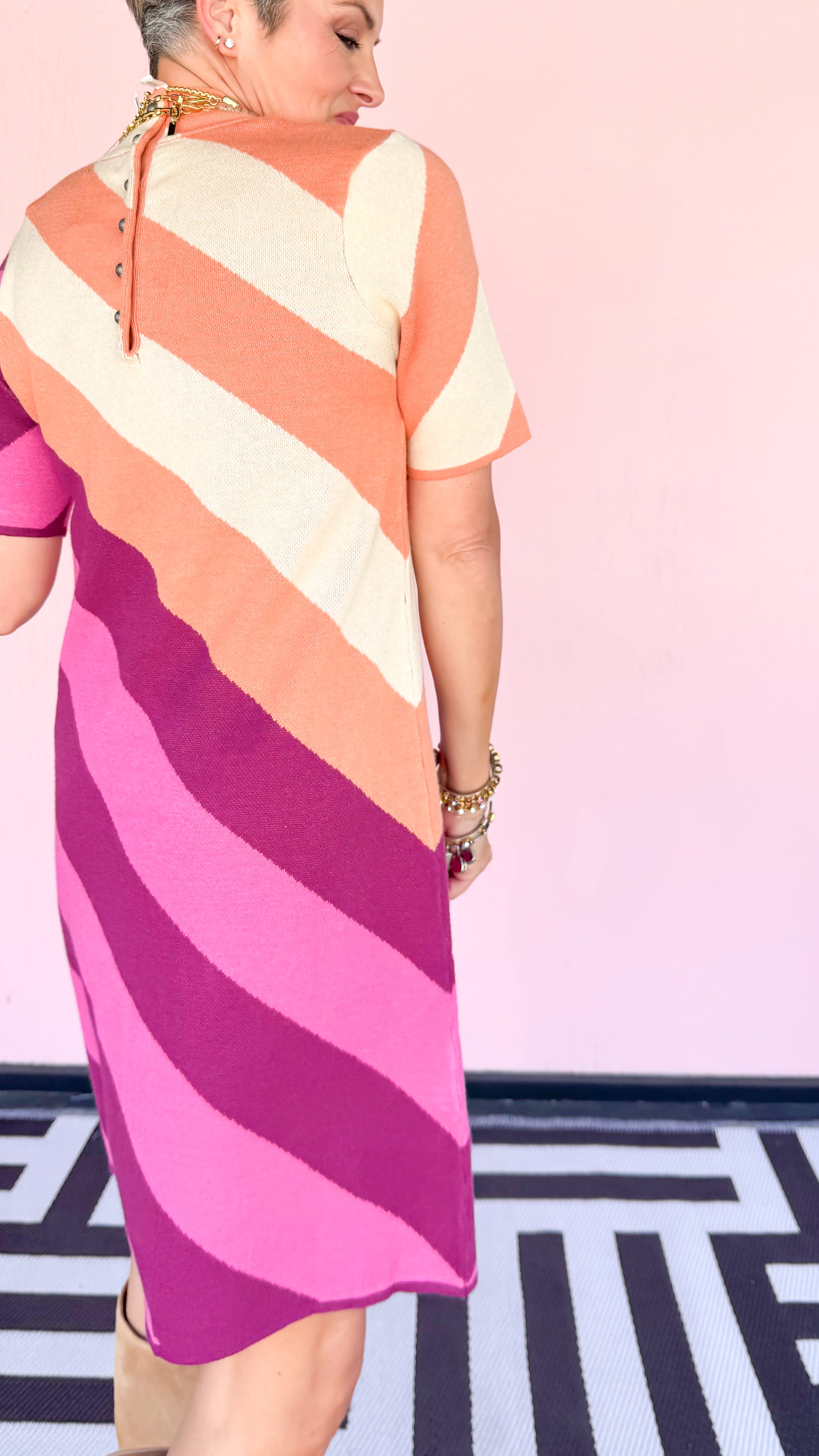 Diagonal Stripe Mock Neck Sweater Dress