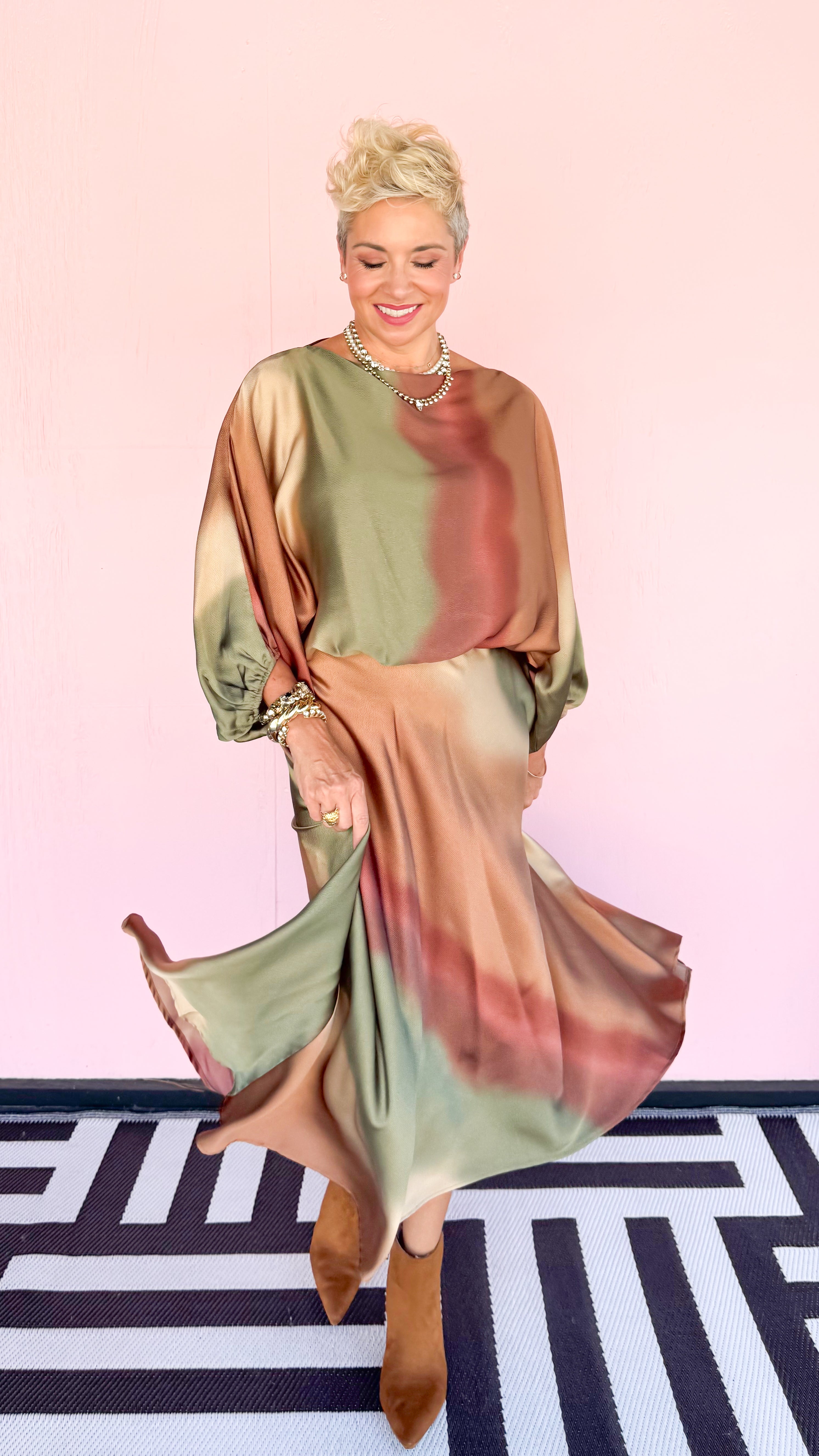 Ombré Satin Swing Skirt/Olive