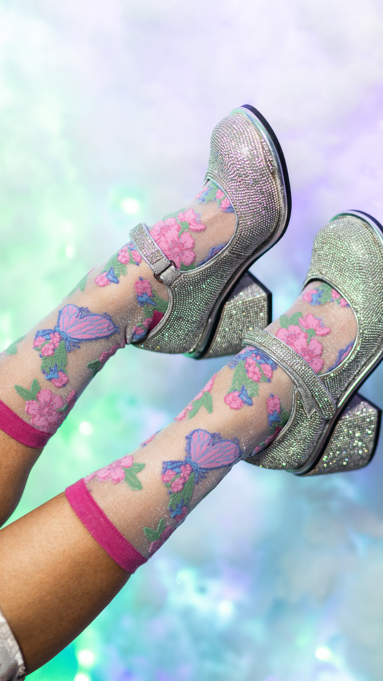 Wicked Glinda Land Butterfly Shimmer Sheer Crew Sock - The BLVD