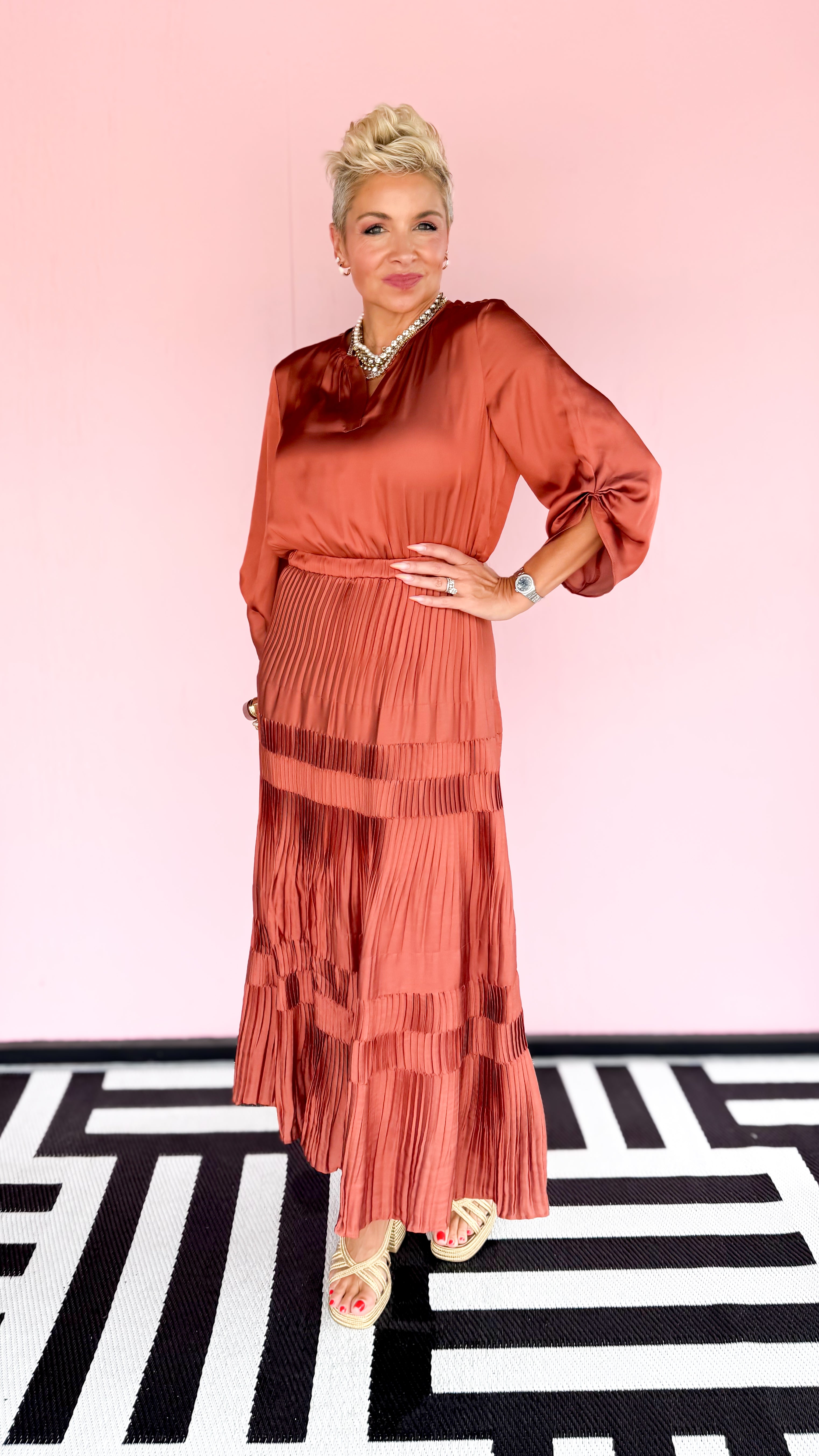 Morgan Pleated Midi Dress/ Rust