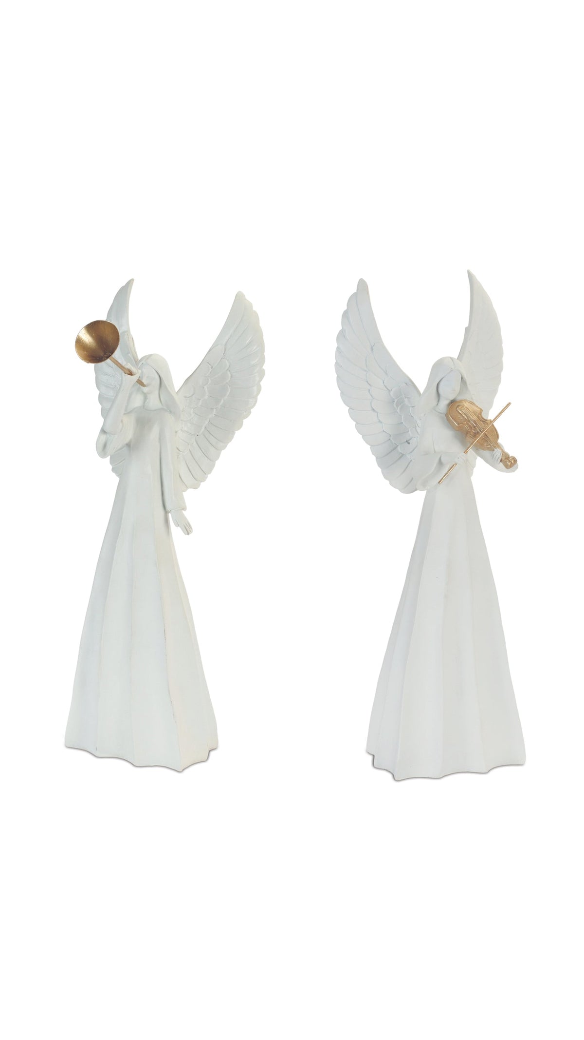 12.75 inch white angel figurine with gold instrument, front view