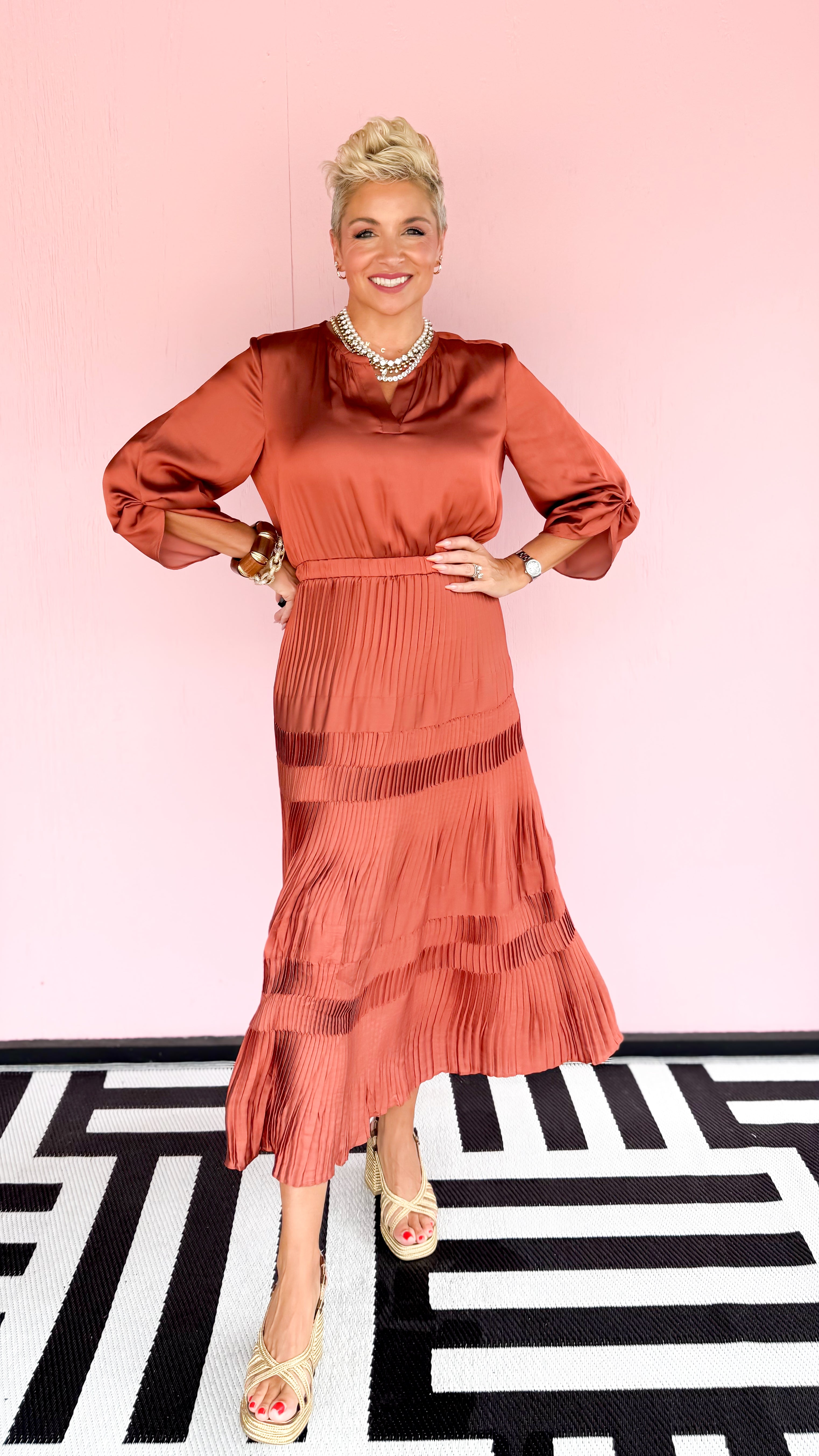 Morgan Pleated Midi Dress/ Rust
