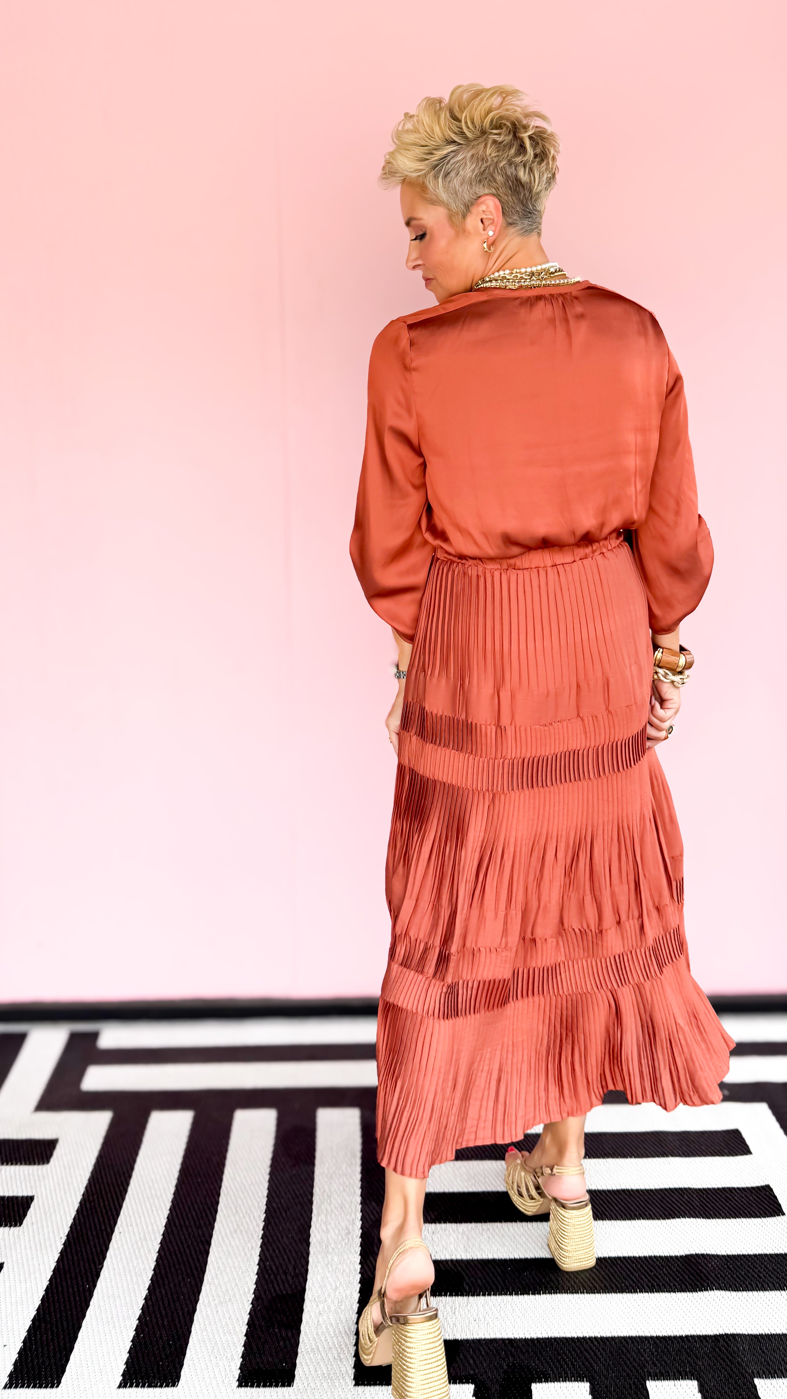 Morgan Pleated Midi Dress/ Rust