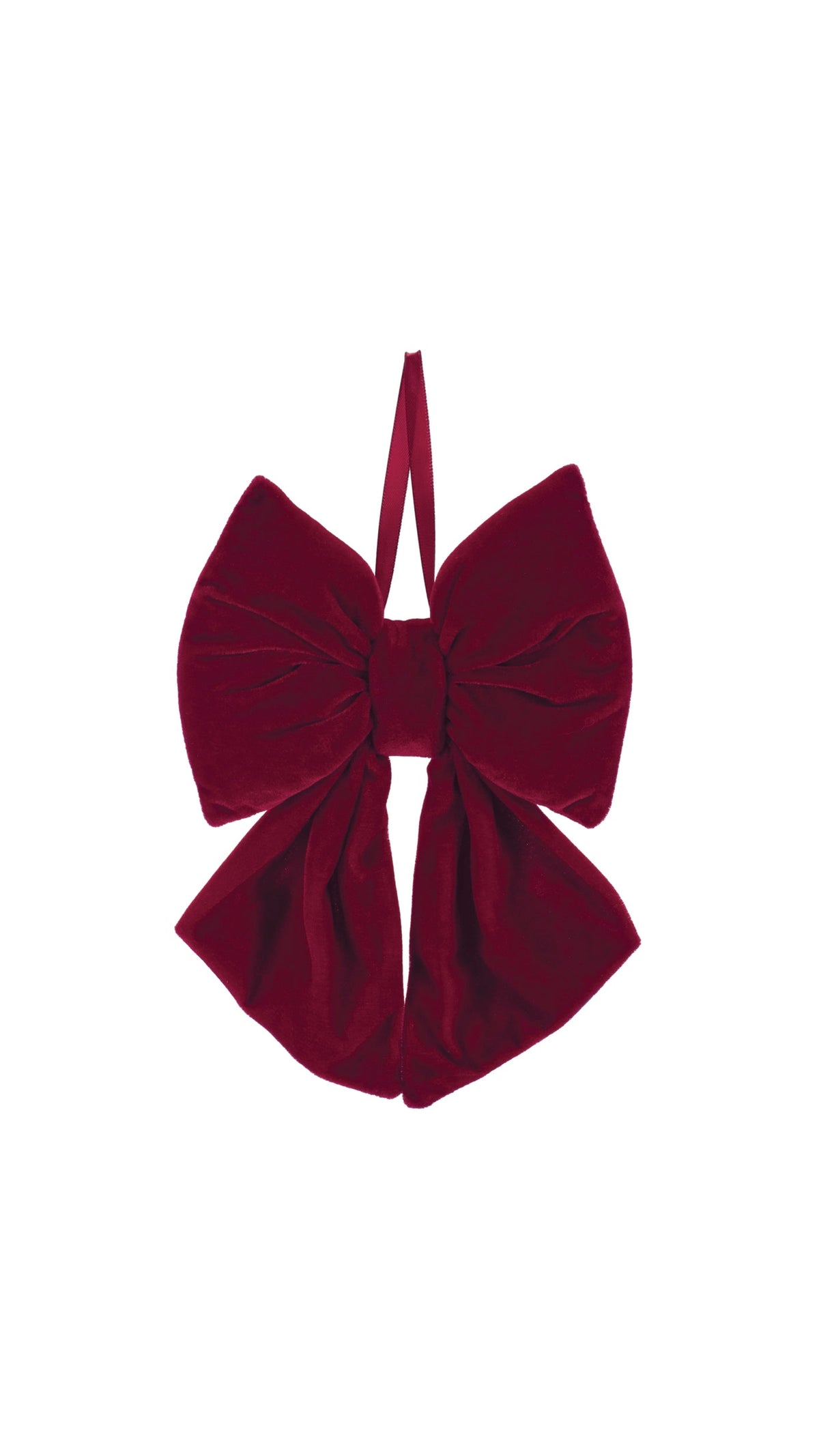 11 inch burgundy fabric bow ornament, front view