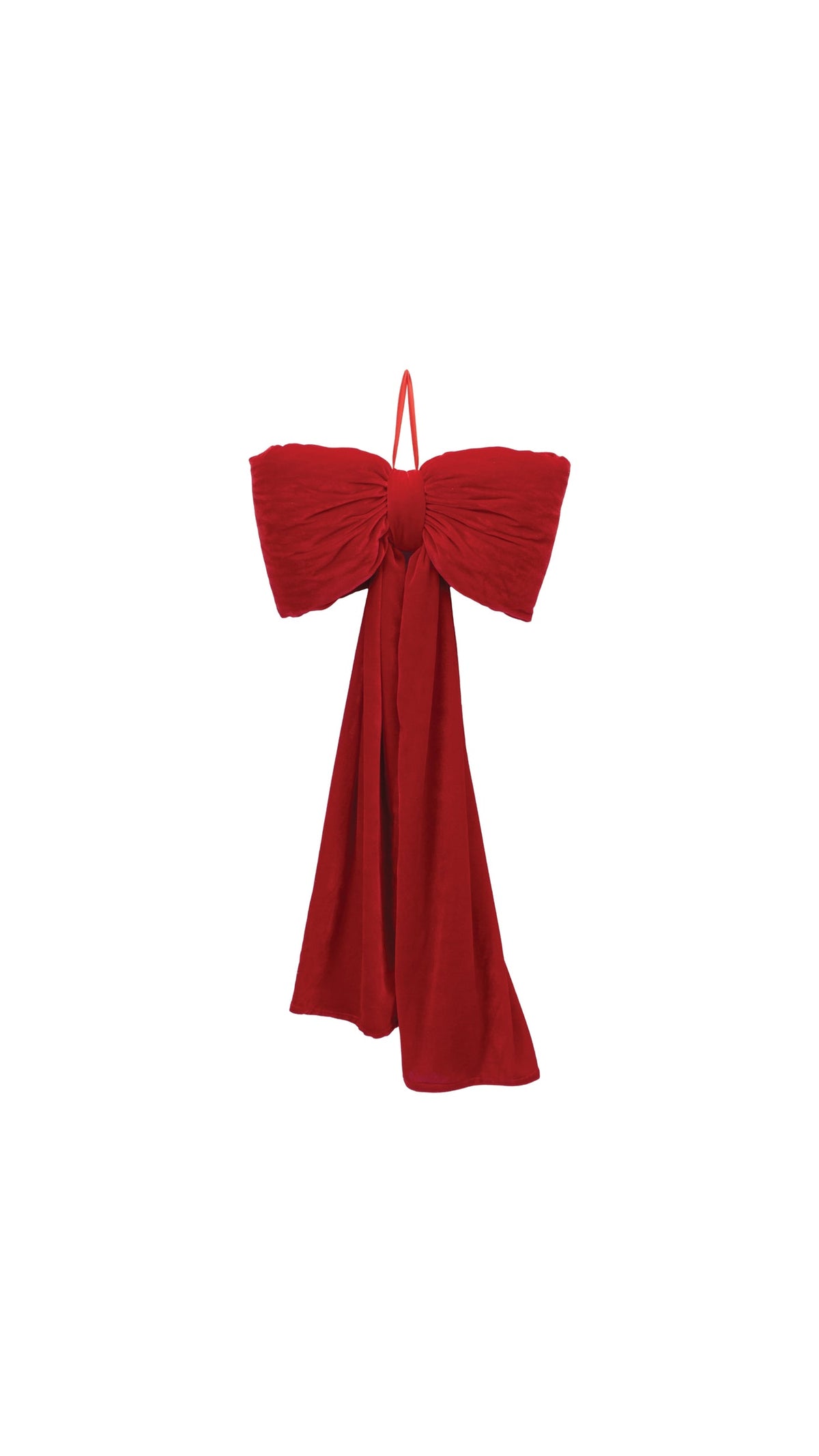 35 inch red fabric statement bow with long tails, front view