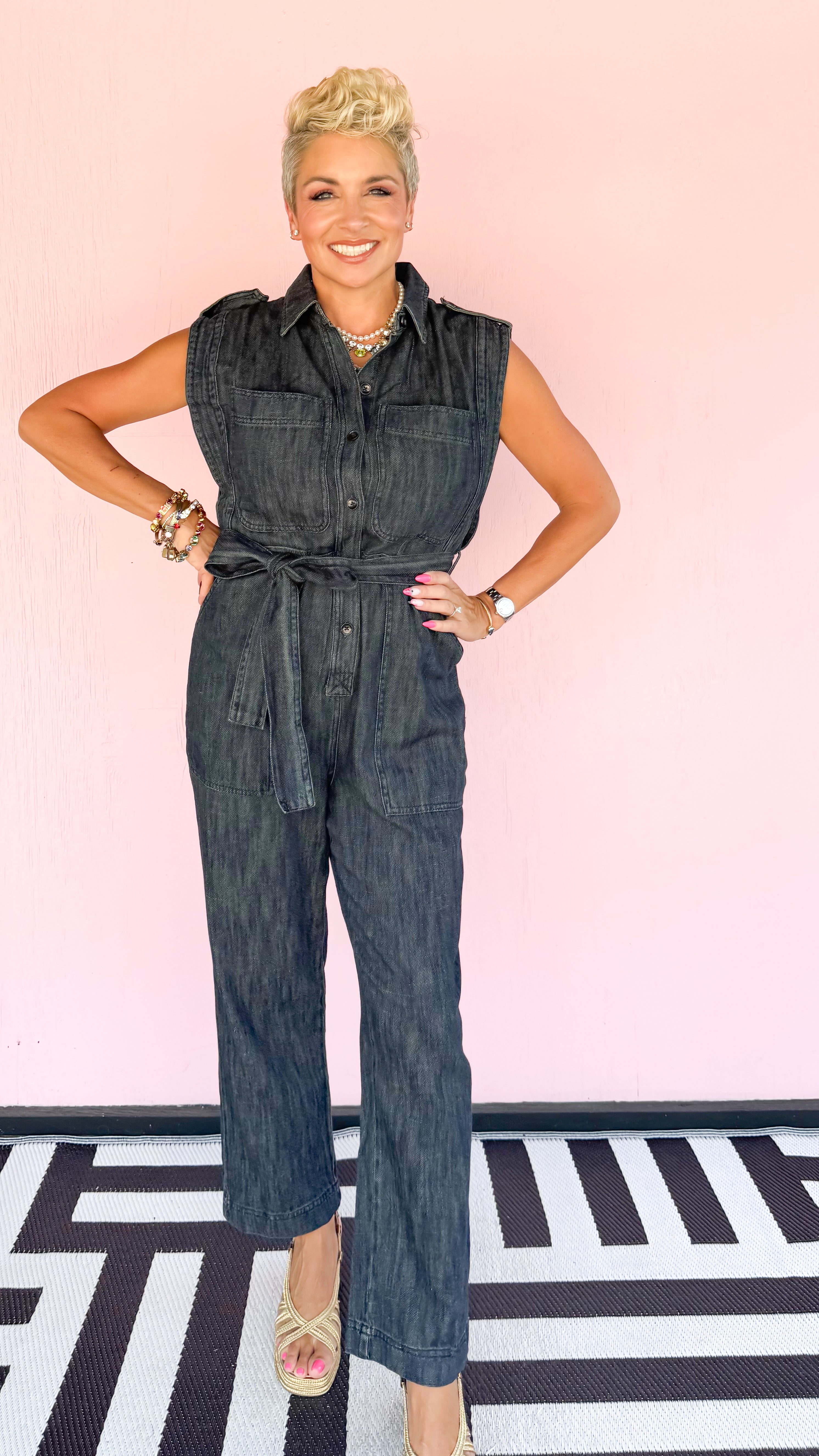 Sleeveless Belted Denim Jumpsuit