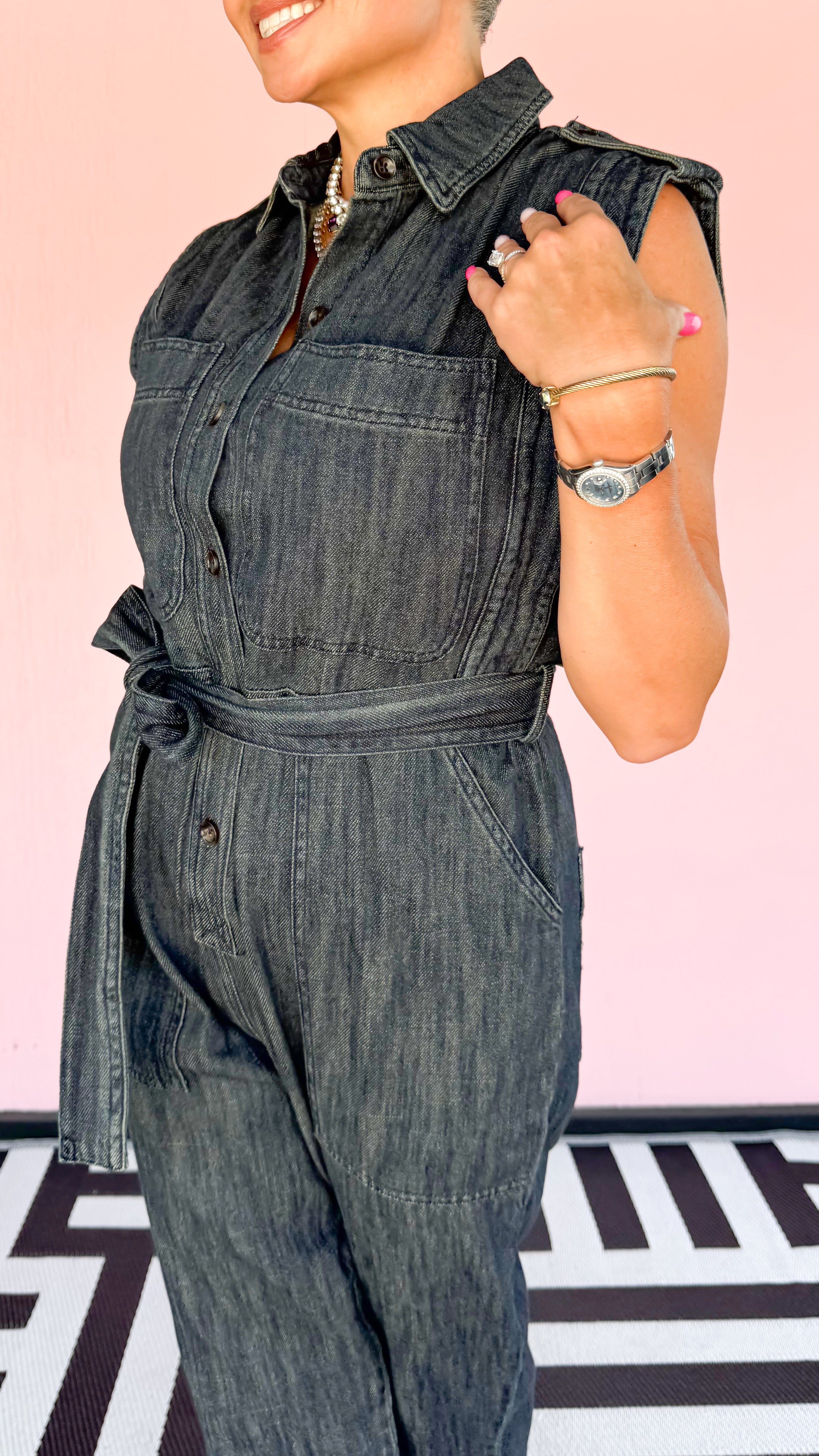 Sleeveless Belted Denim Jumpsuit
