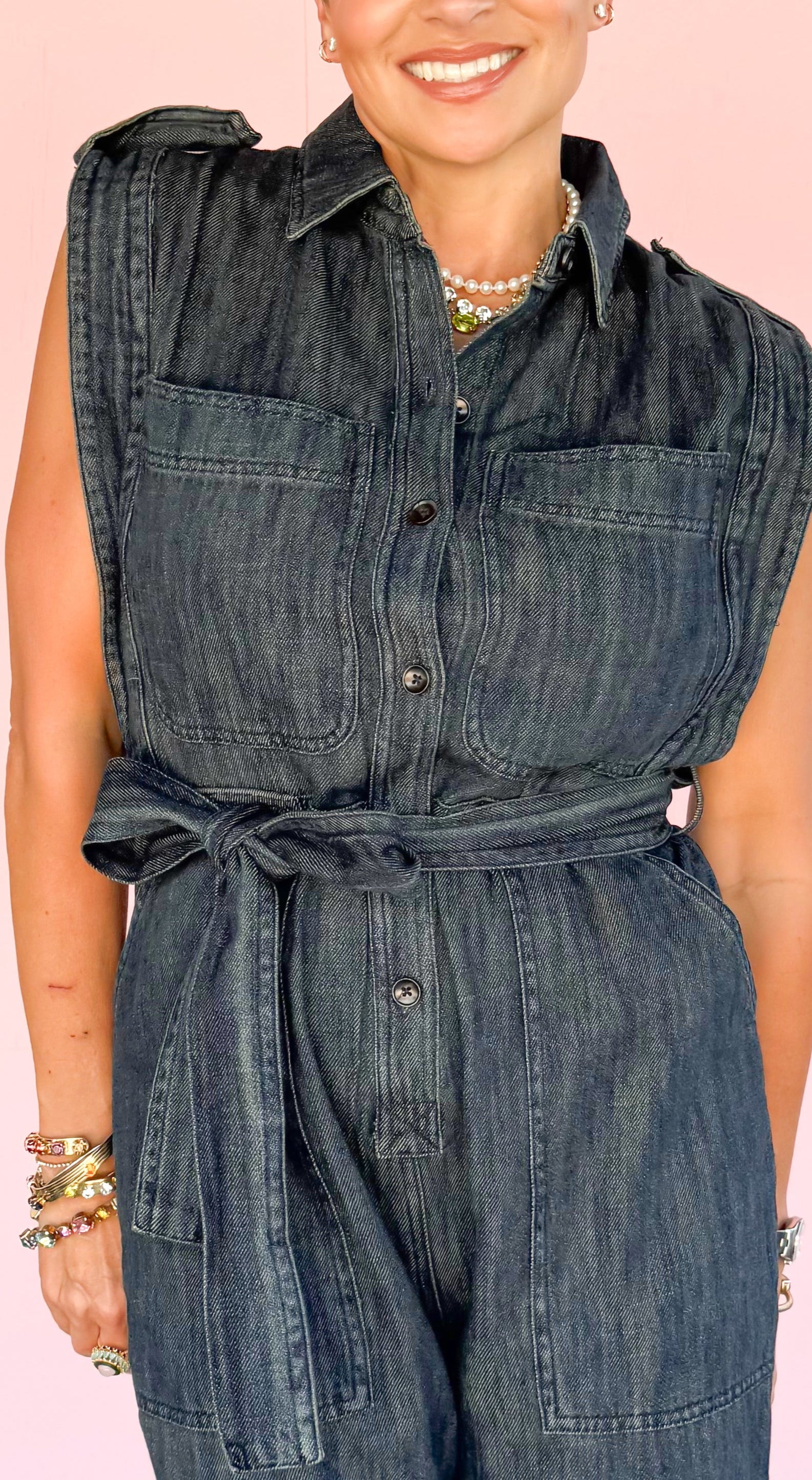 Sleeveless Belted Denim Jumpsuit