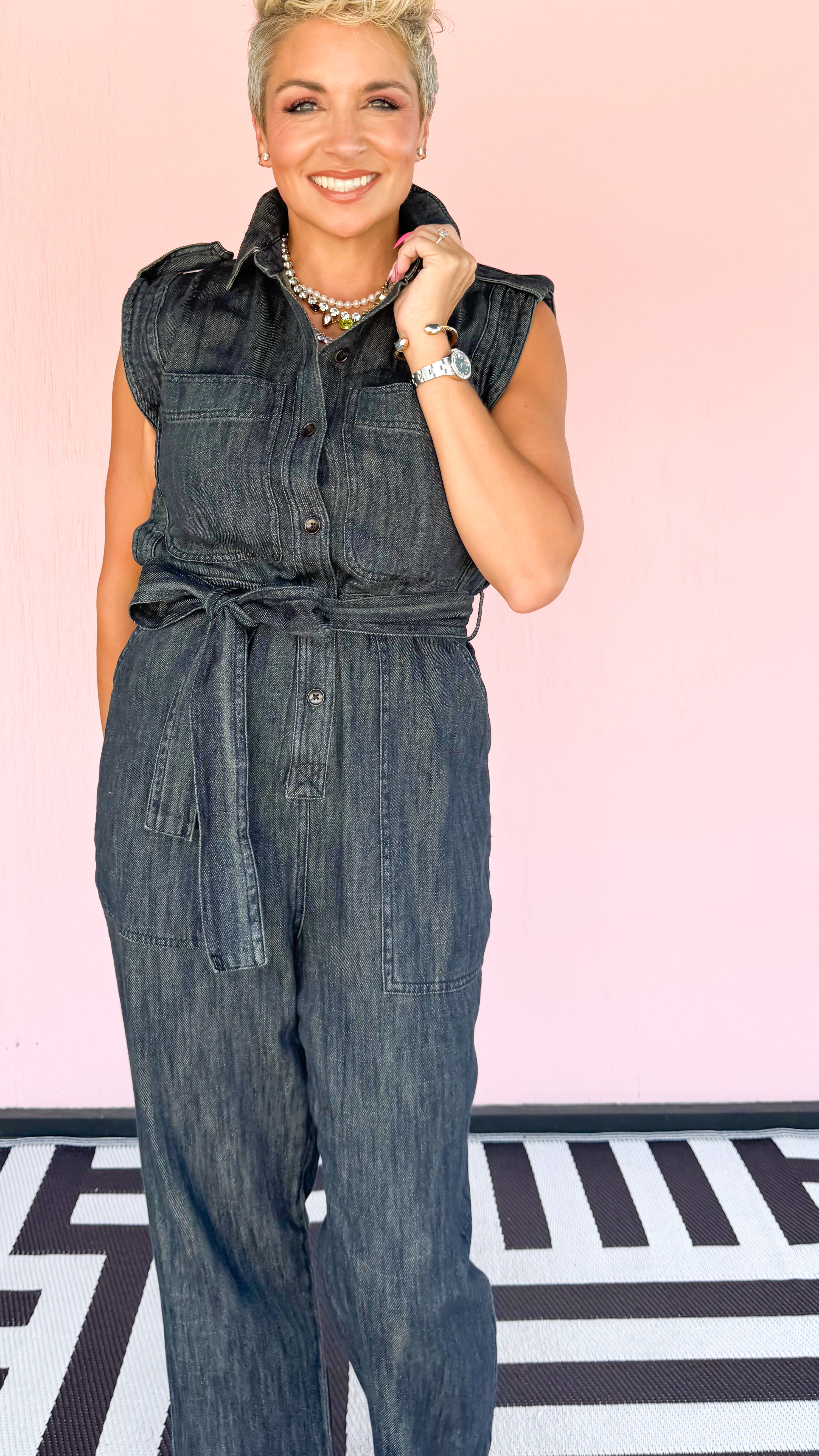 Sleeveless Belted Denim Jumpsuit