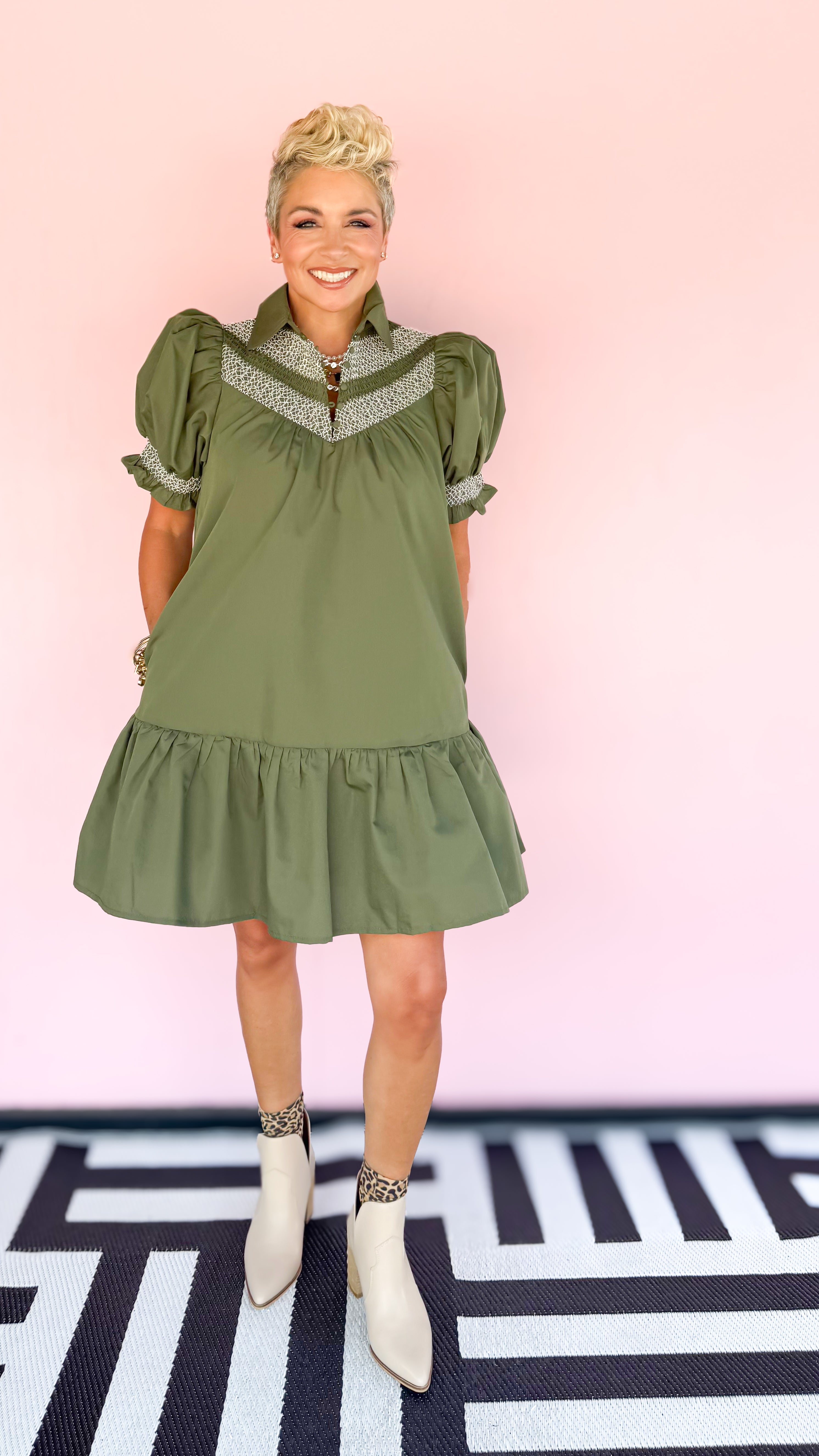 Adele Smocked Mini Dress/Olive - The BLVD