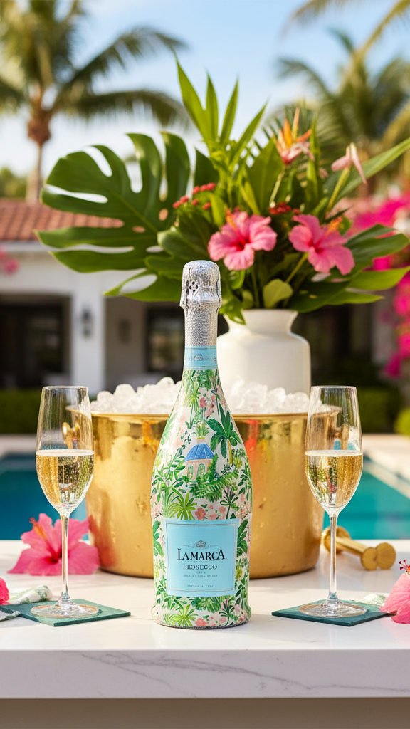 Beau Bottles Verde Palm Pavilion La Marca prosecco bottle wrap — front view — BLVD Boutik