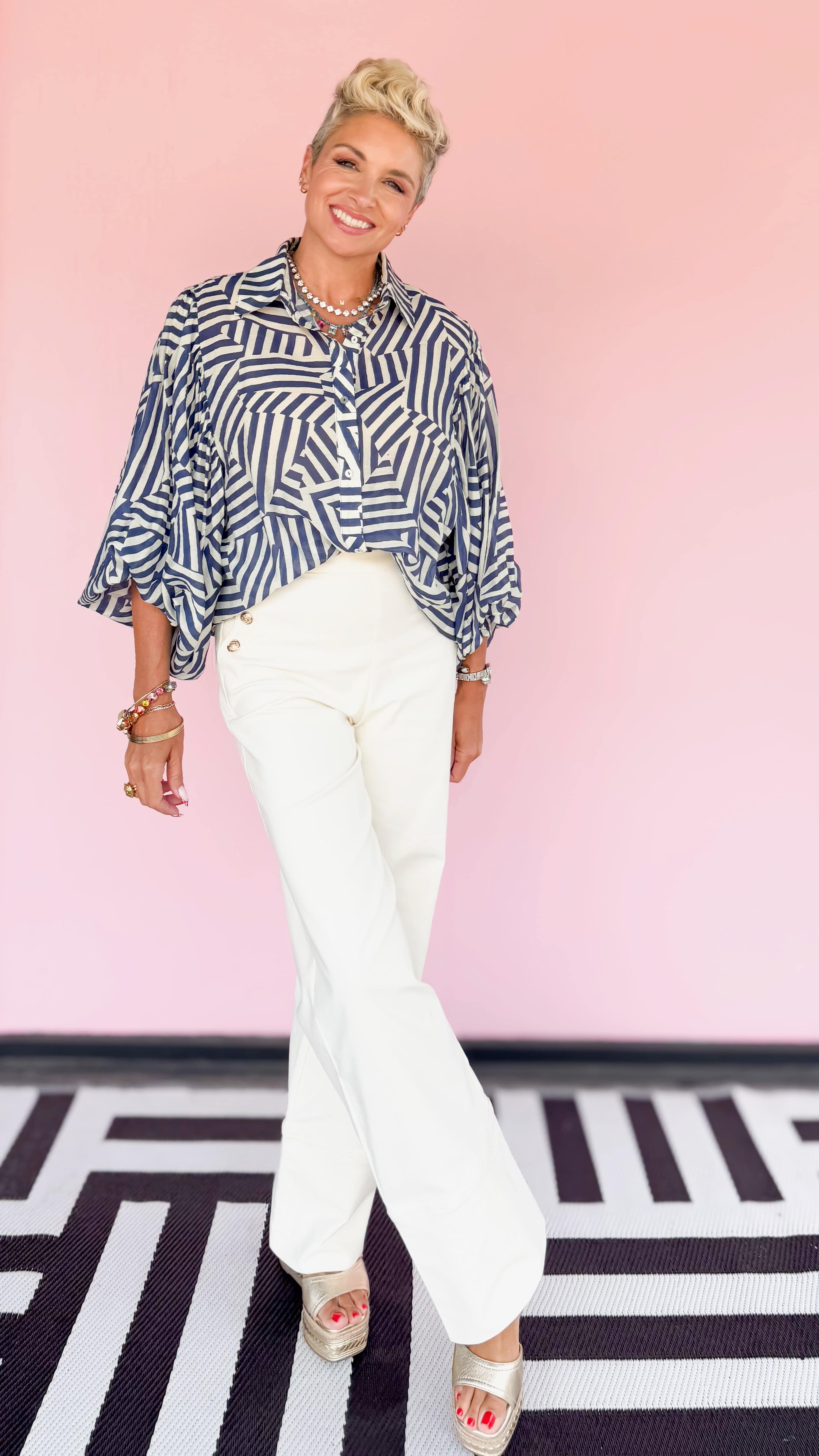 Gold Button Detail Pant/Cream - The BLVD