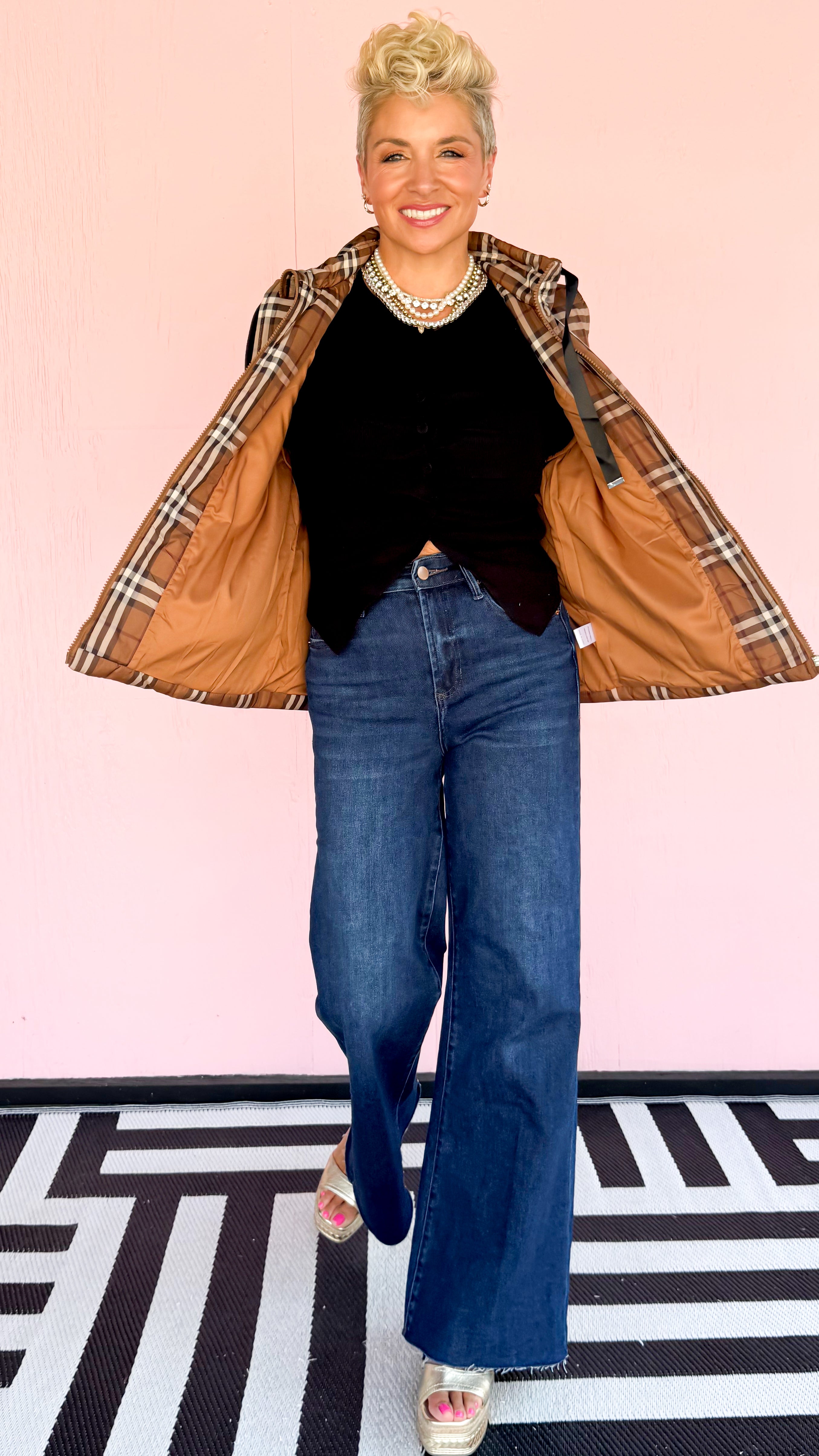 Front Zip Plaid Vest/Brown