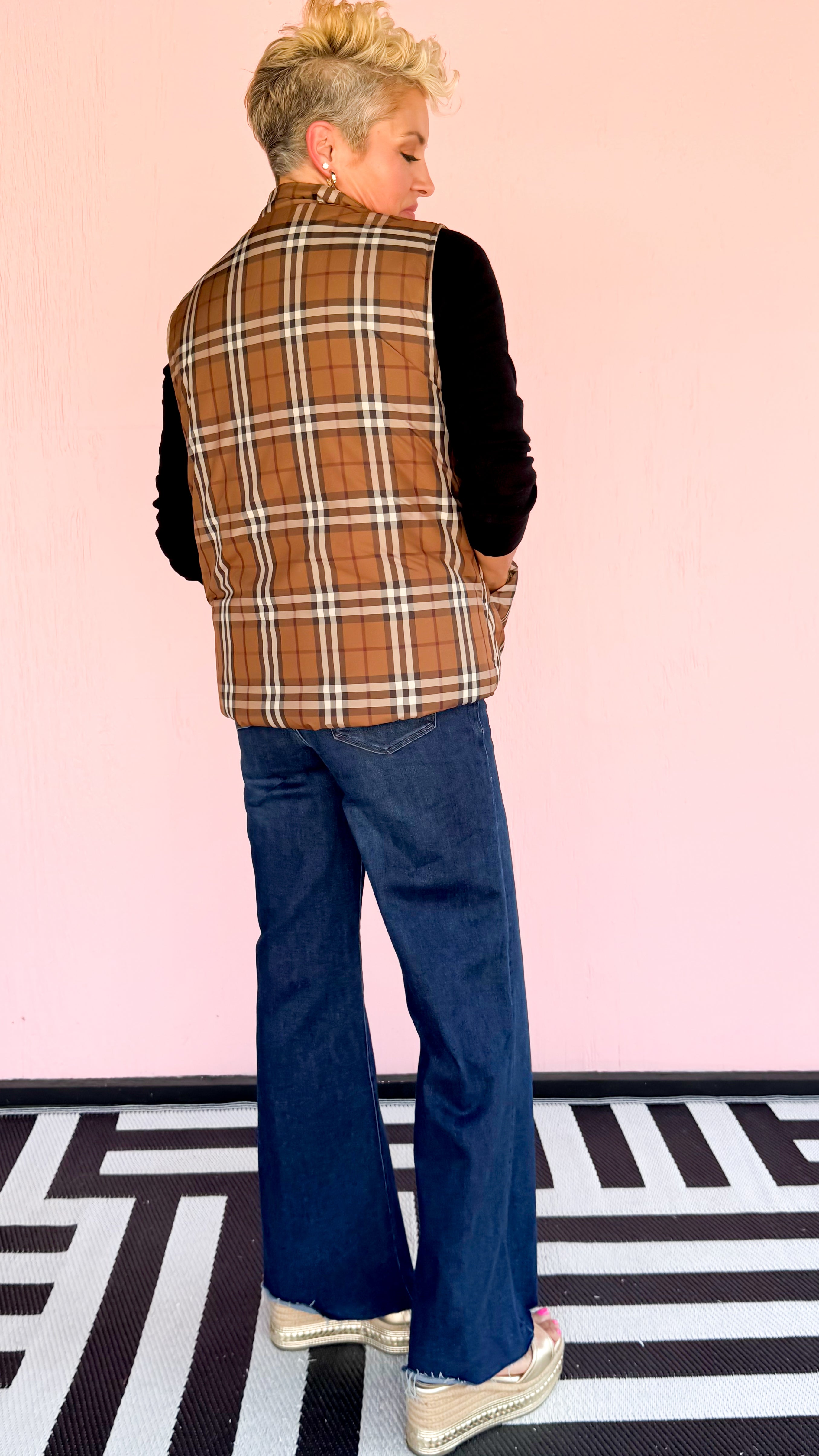 Front Zip Plaid Vest/Brown