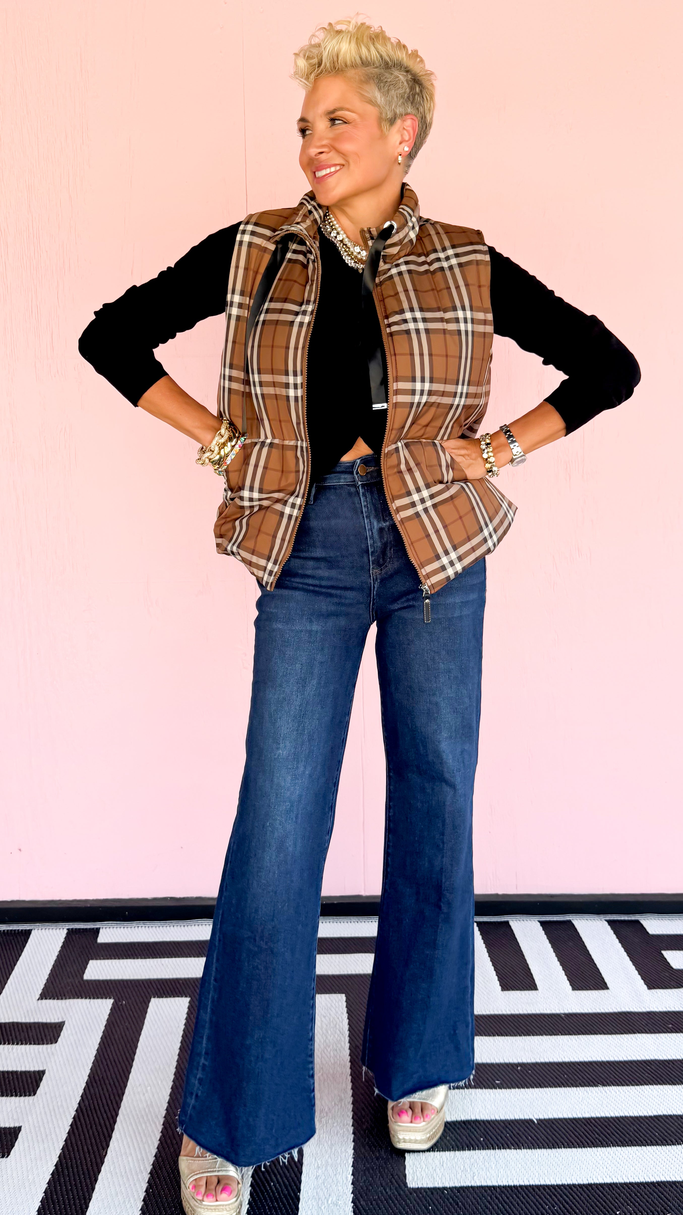 Front Zip Plaid Vest/Brown
