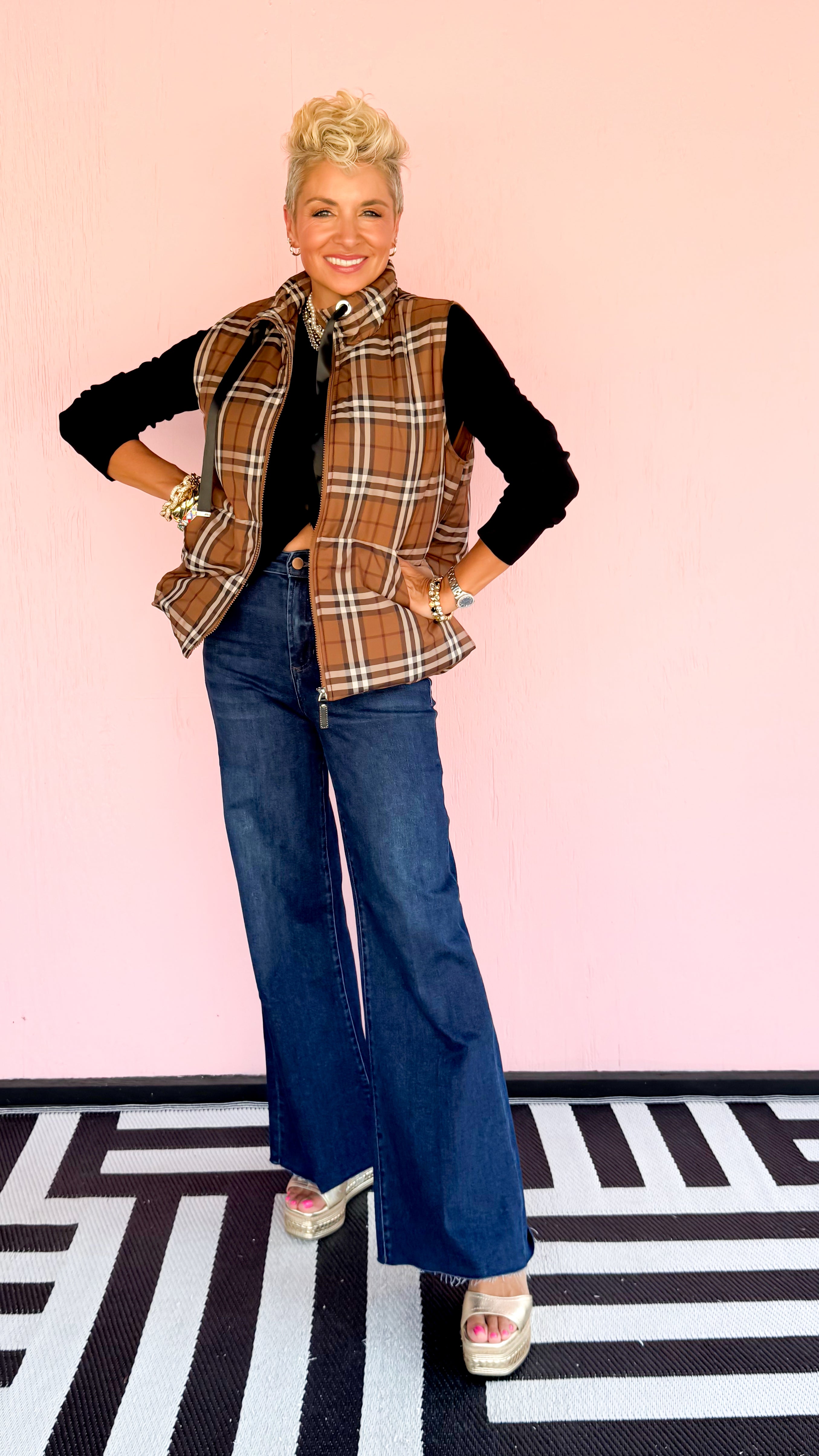 Front Zip Plaid Vest/Brown