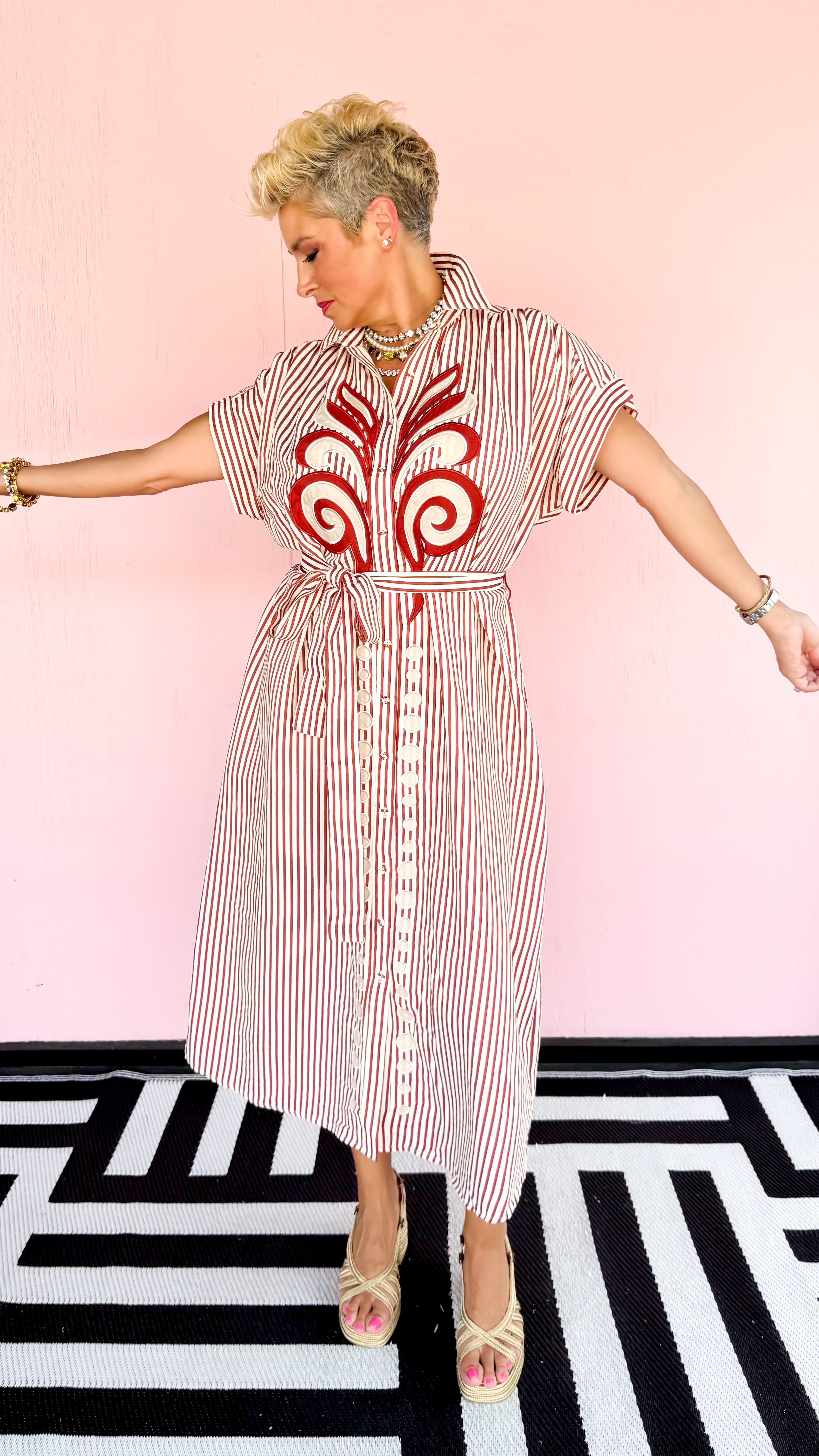 Appliqué Striped Shirt Dress/Brick