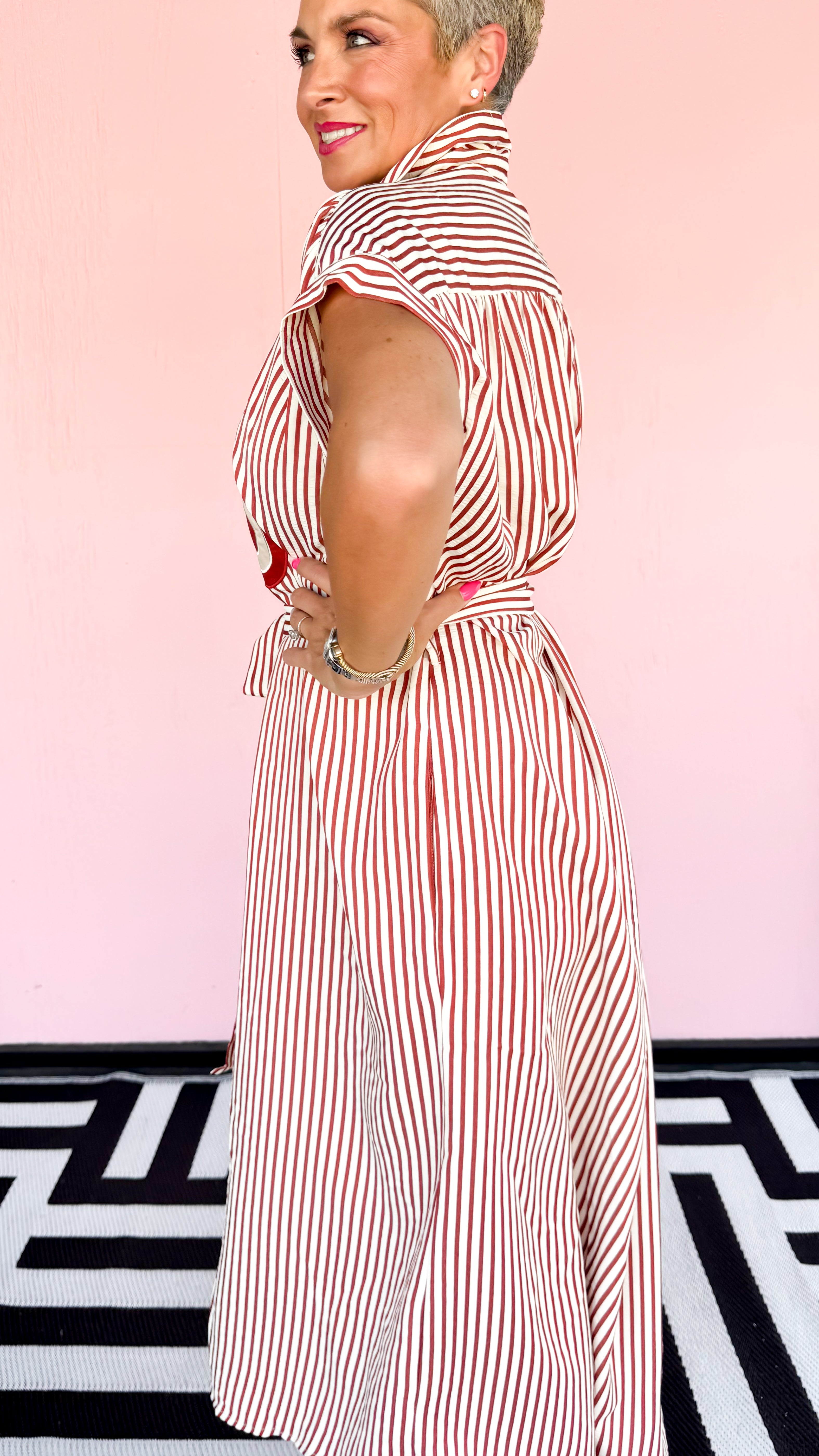Appliqué Striped Shirt Dress/Brick