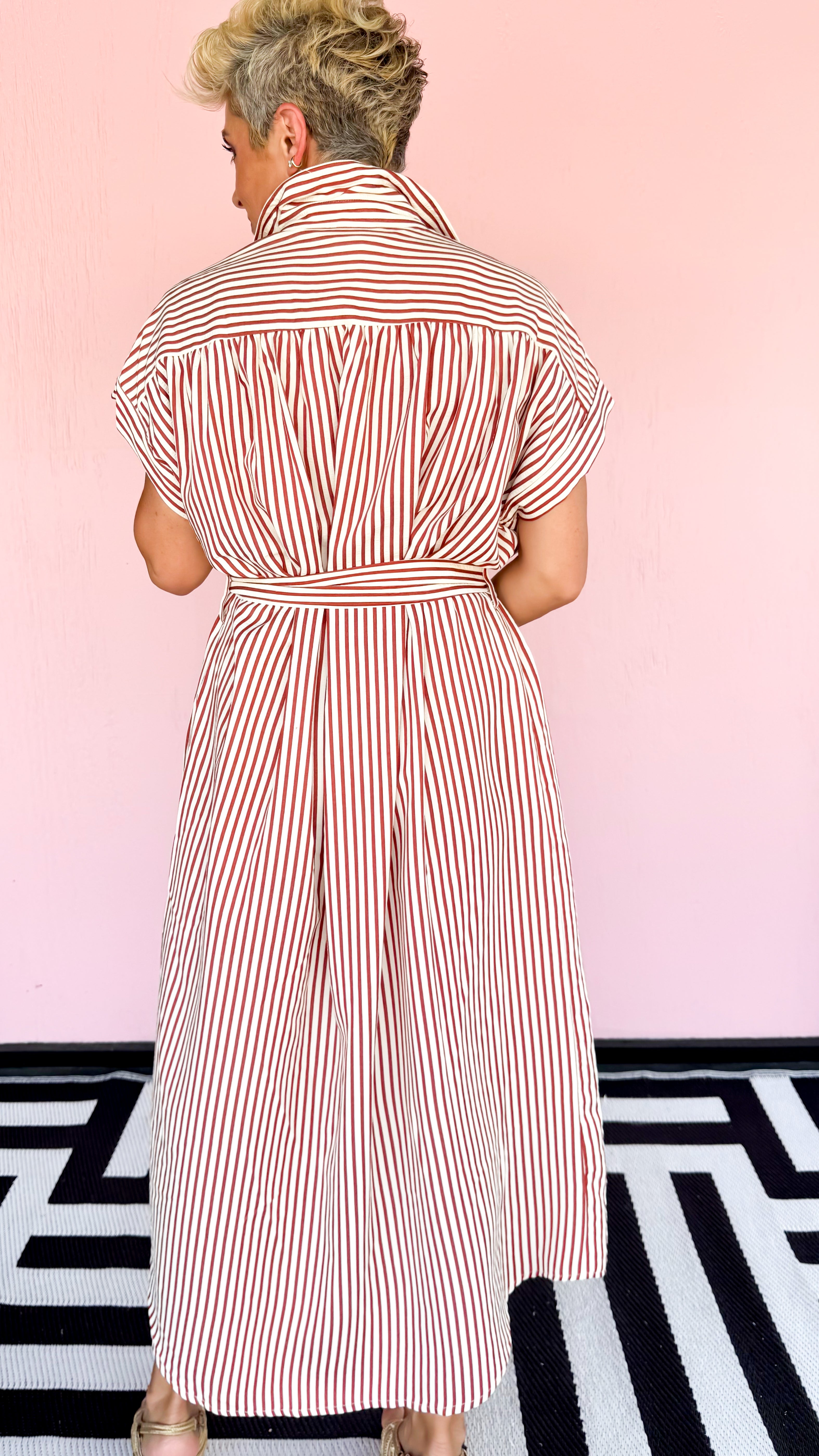 Appliqué Striped Shirt Dress/Brick