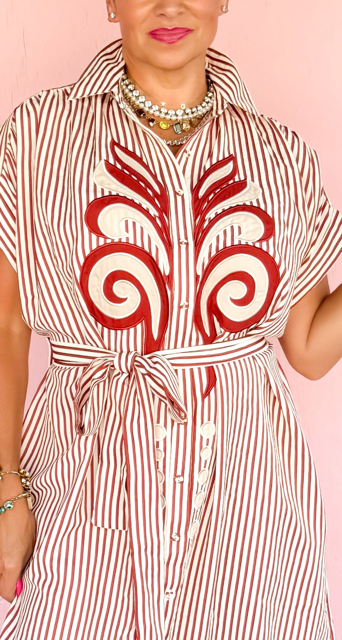 Appliqué Striped Shirt Dress/Brick