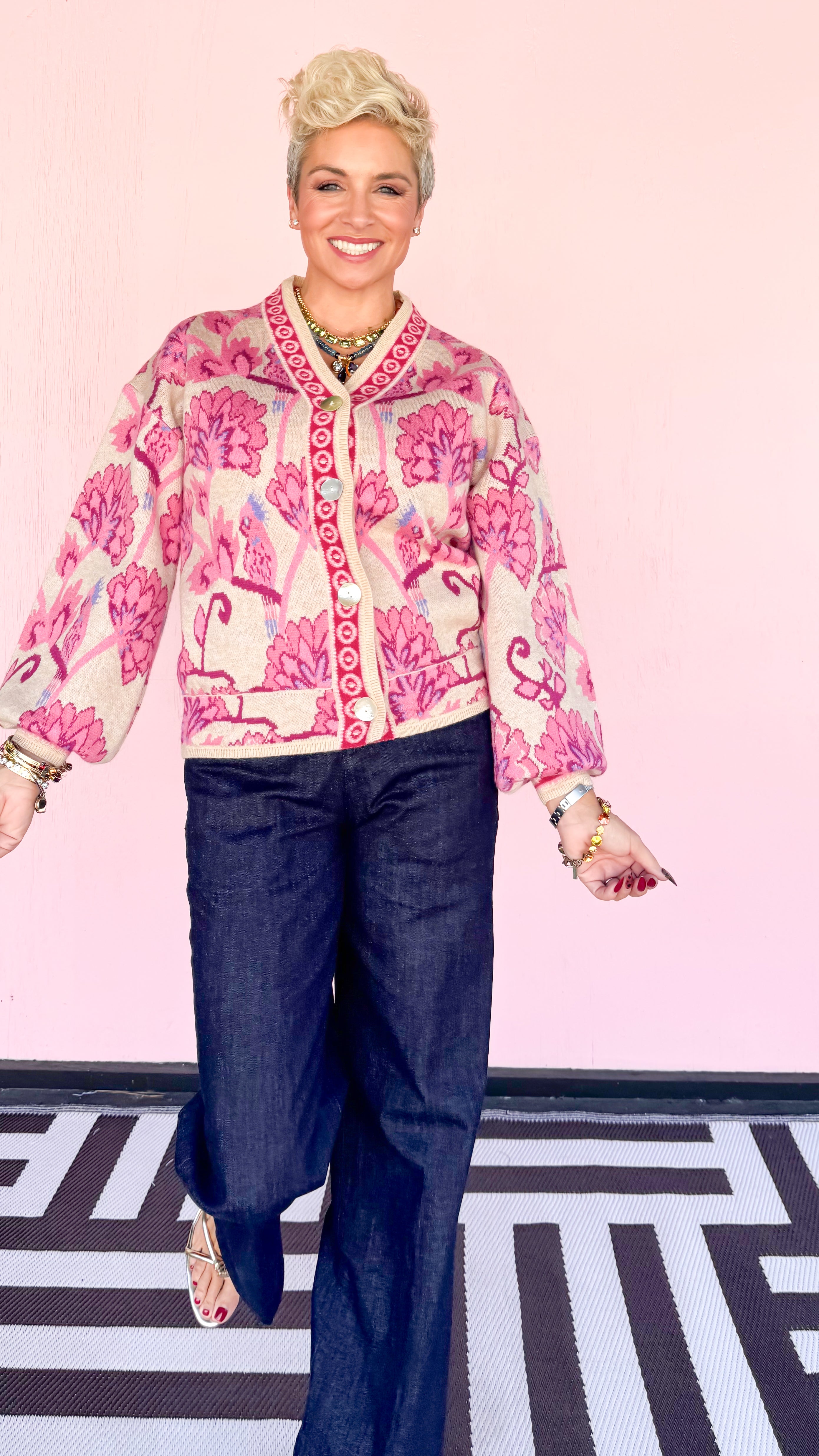 Floral Pattern Jacquard Cardigan/Pink