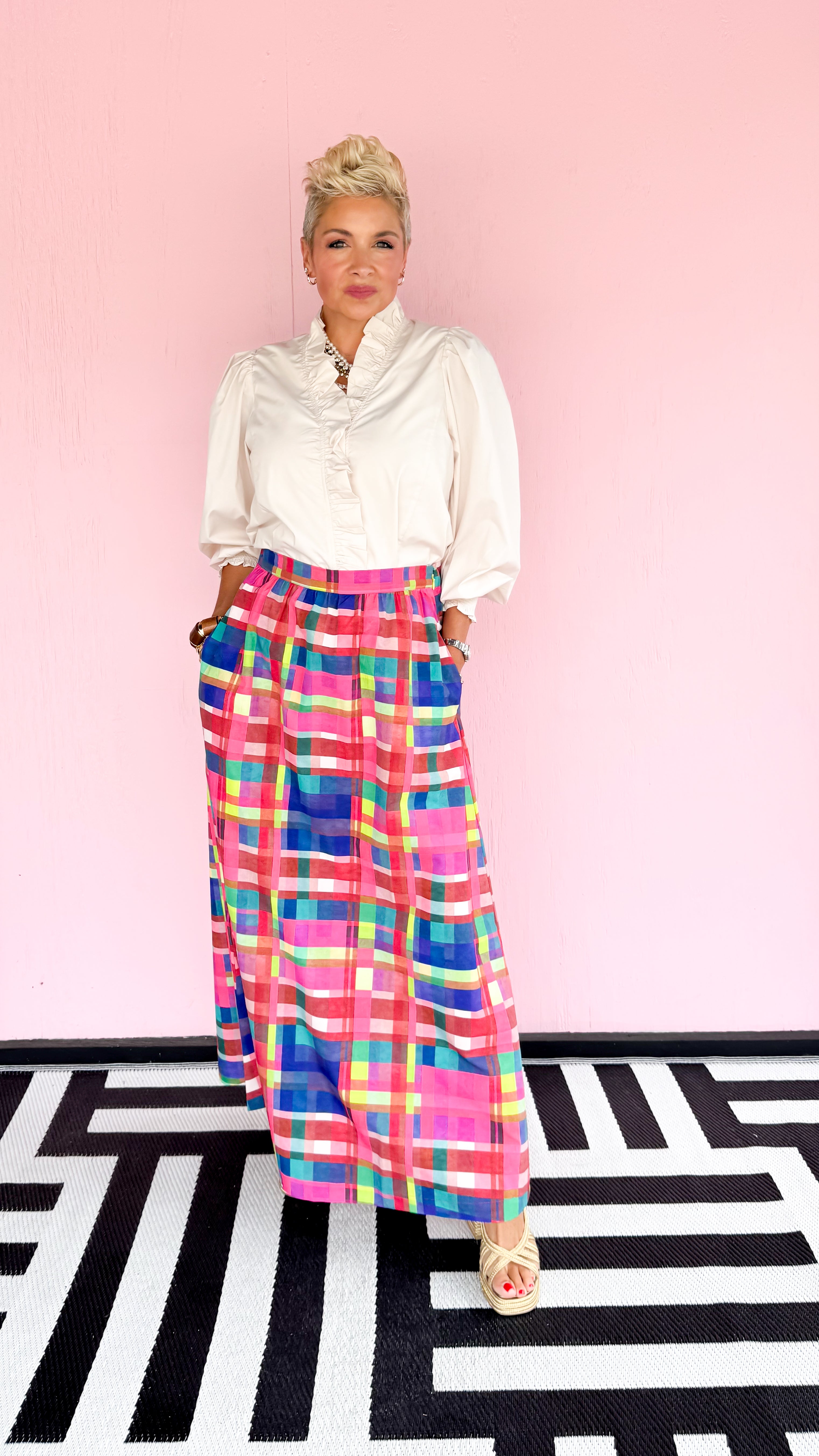 Banded plaid maxi skirt