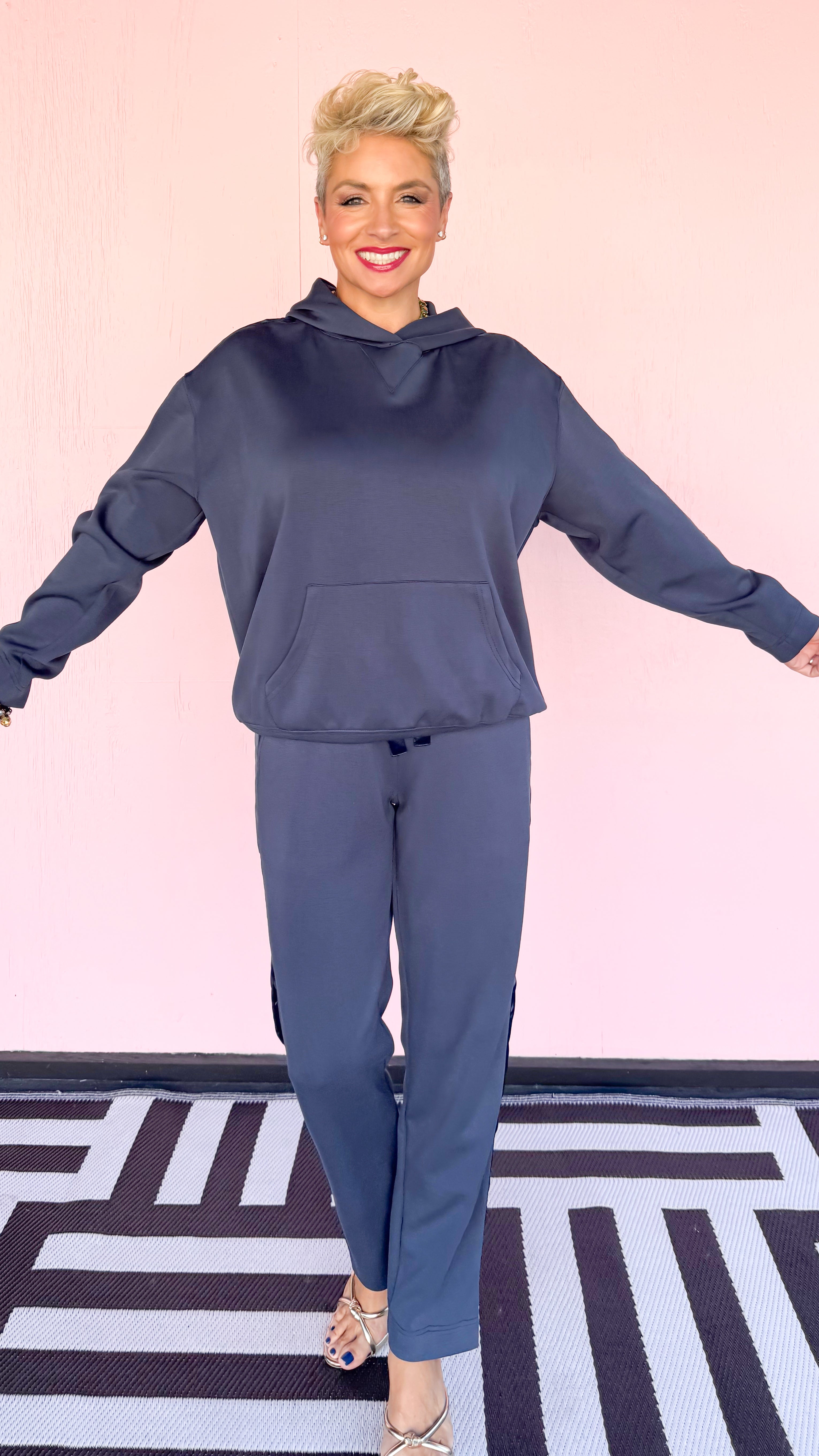 Contrast Satin Trim Hoodie/Navy