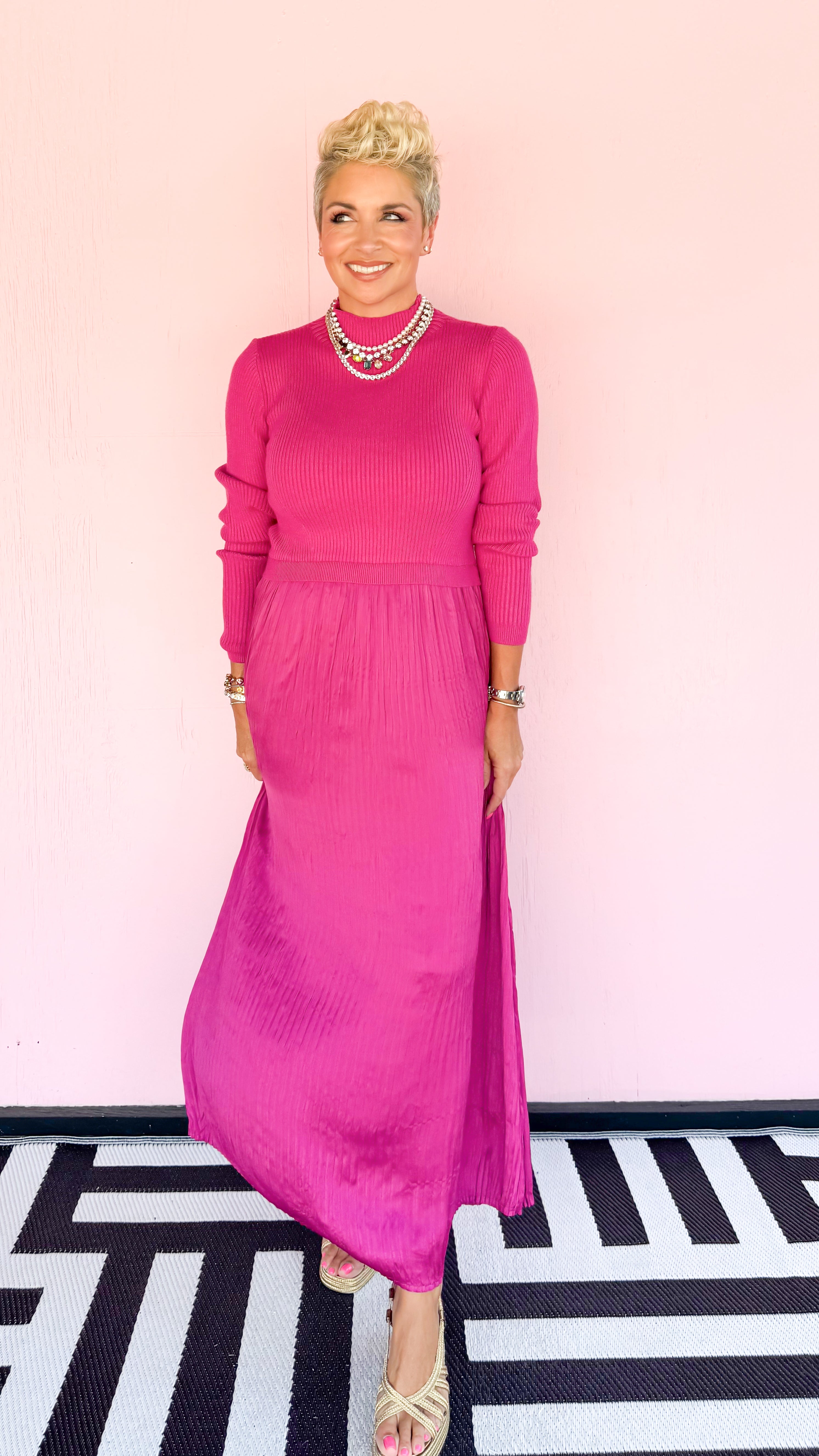 Mixed Media Pleated Skirt Dress/Pink